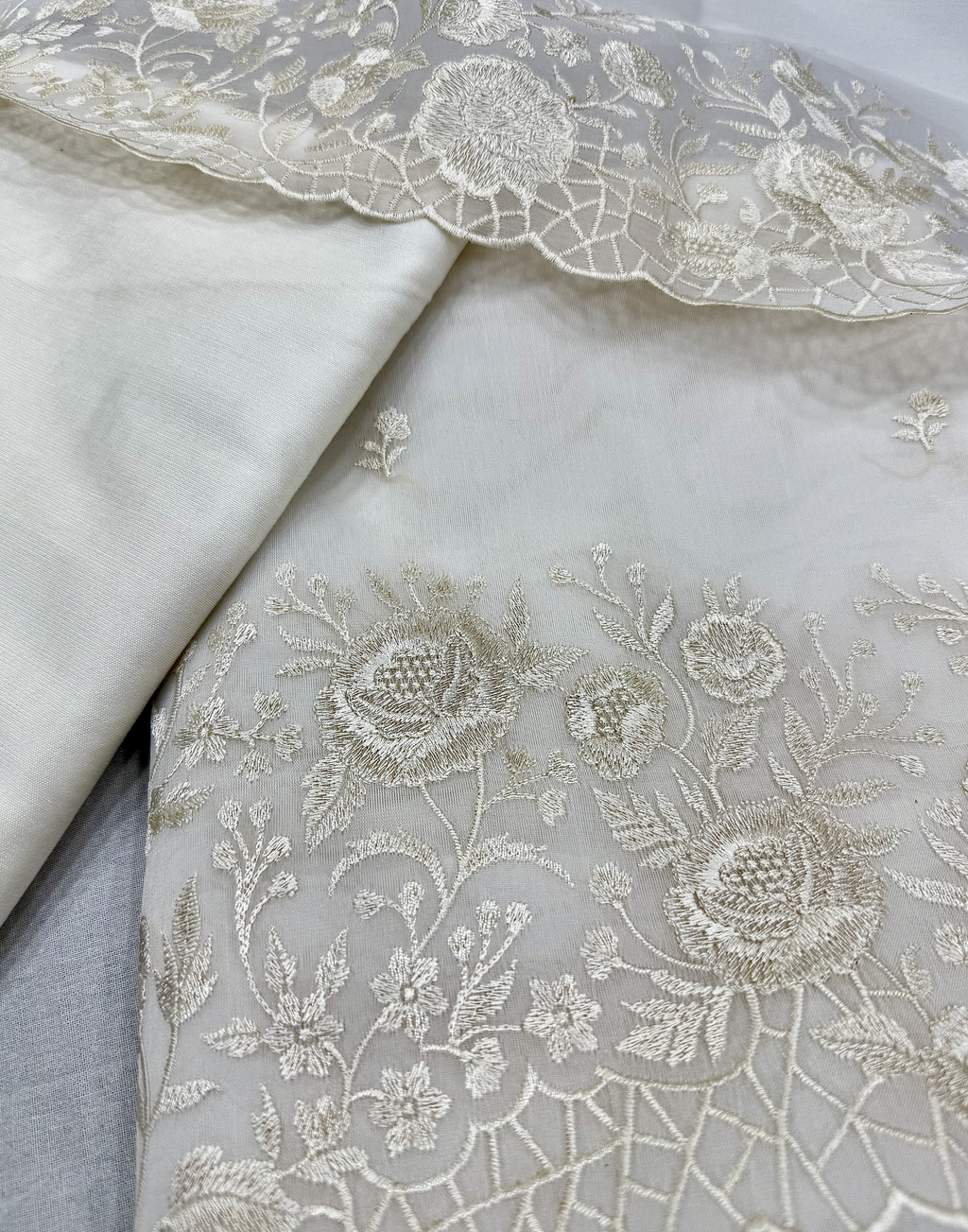 Off White Organza Unstitched Suit with Self Floral Embroidery