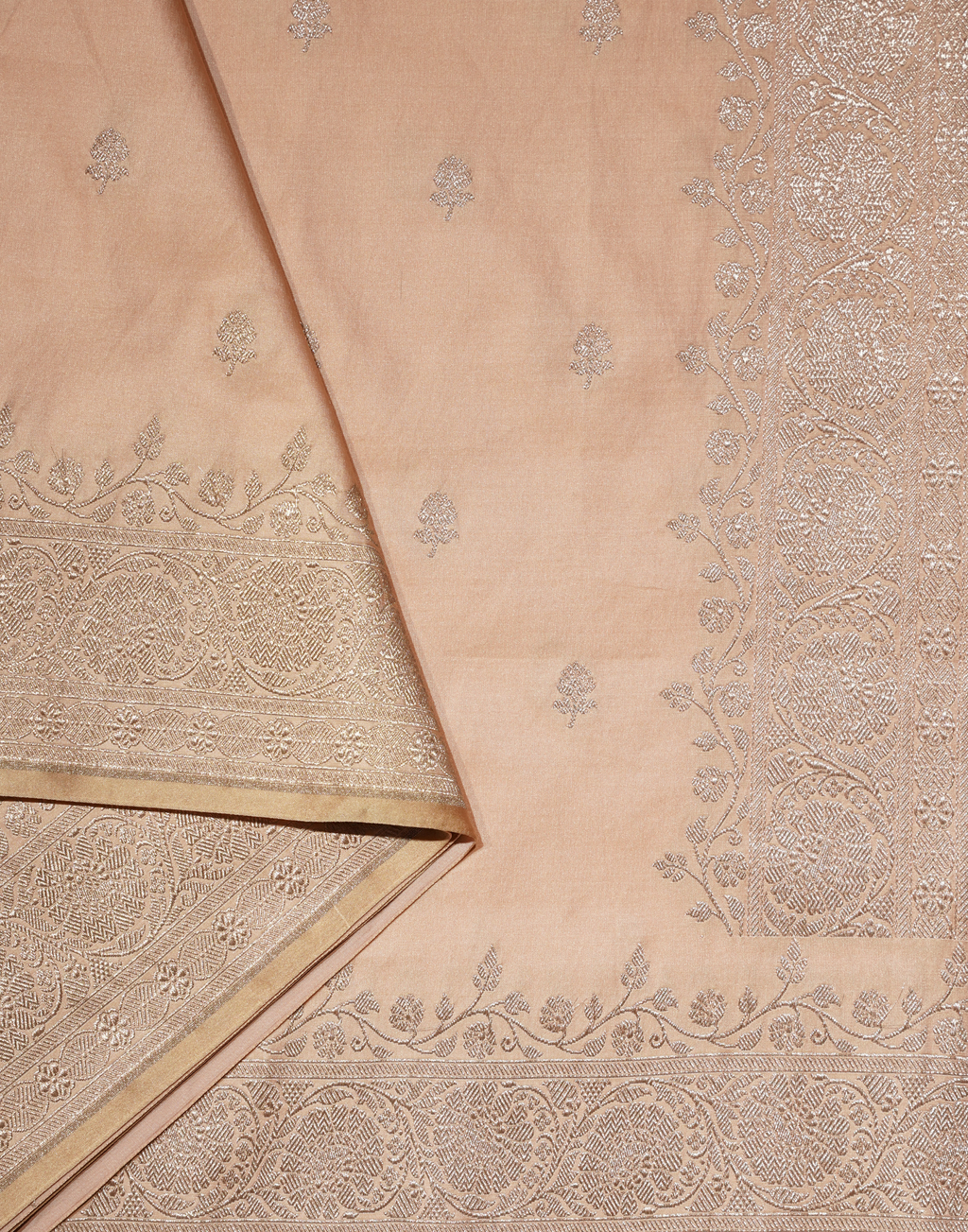 Peach Beige Banarasi Mushroo Silk Saree with Floral Weaving & Zari Border