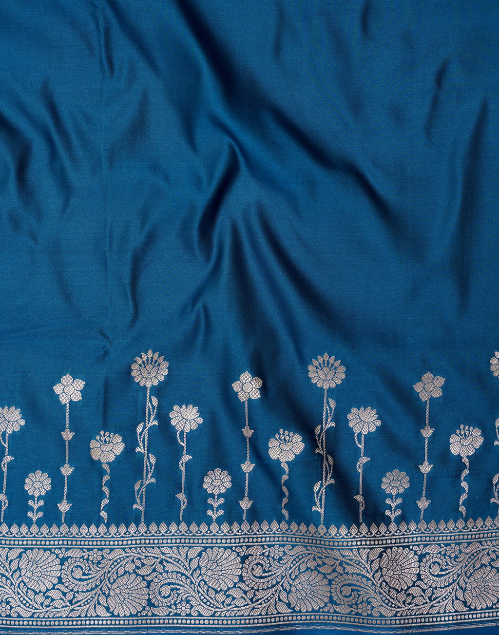 Sapphire Blue Banarasi Mushroo Silk Saree with Floral Weaving & Zari Border