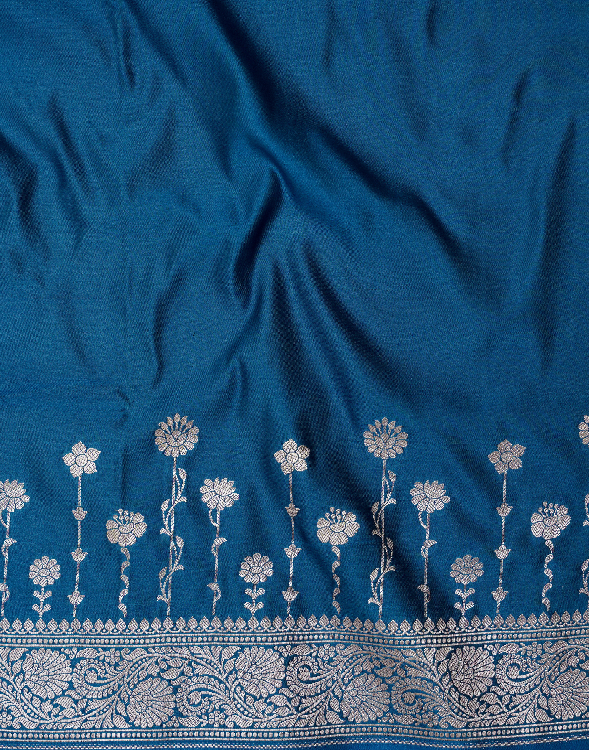 Sapphire Blue Banarasi Mushroo Silk Saree with Floral Weaving & Zari Border