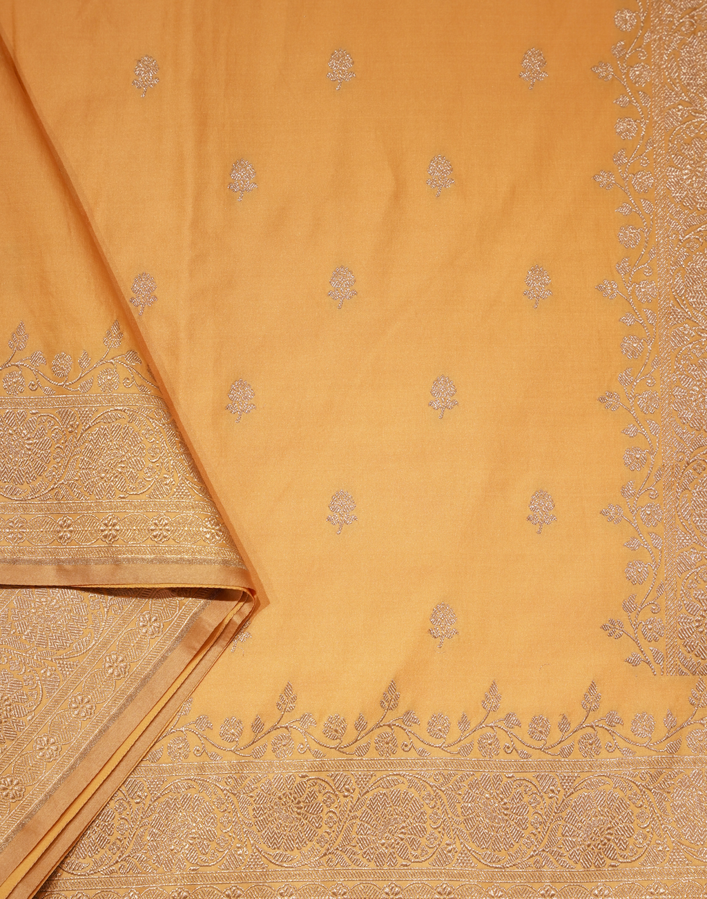 Pastel Peach Banarasi Mushroo Silk Saree with Floral Weaving & Zari Border