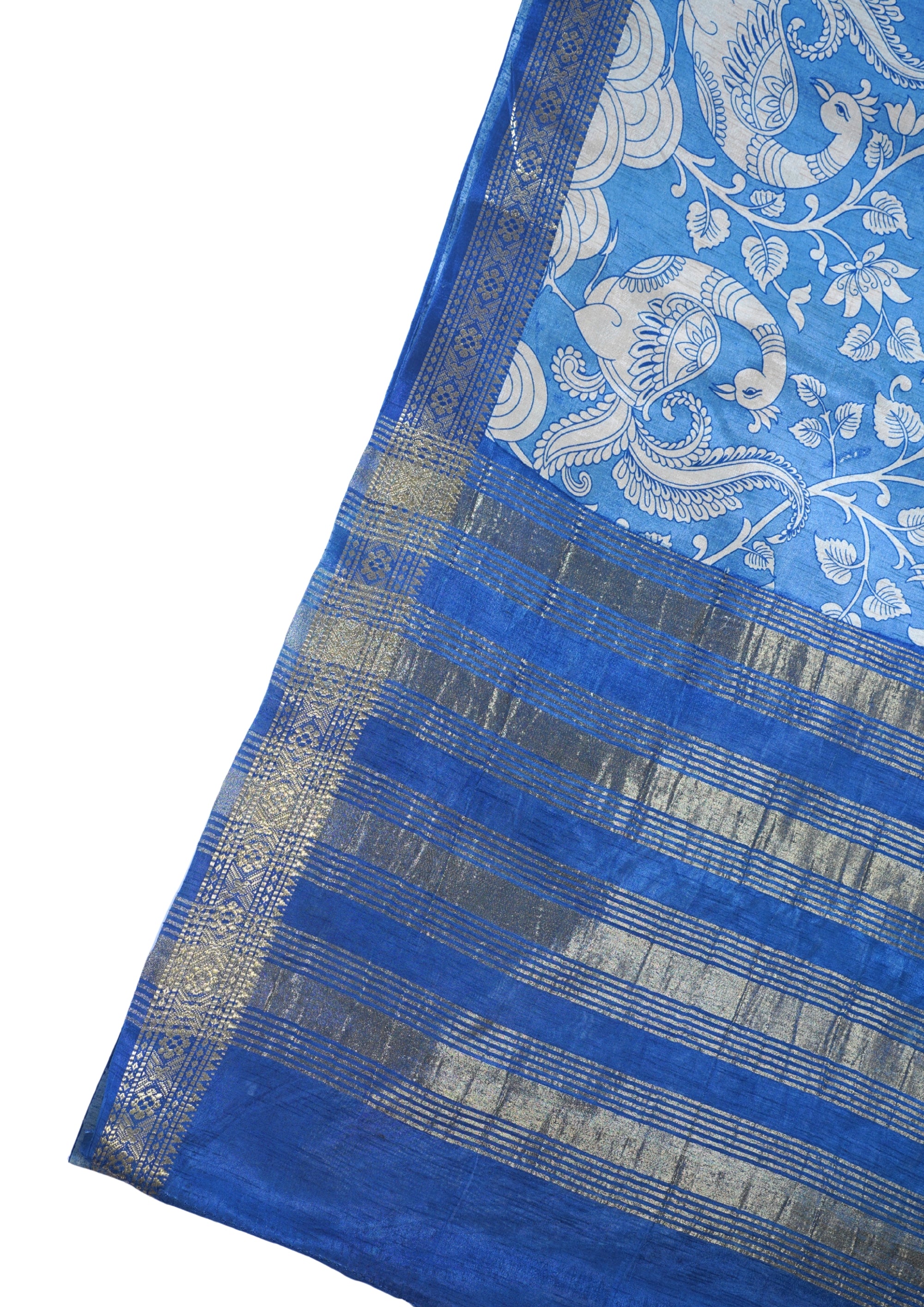 Royal Blue Muga Silk Kalamkari Print Fancy Saree