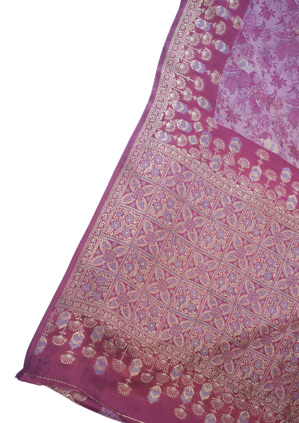 Pink Mushroo Silk Saree with Kalamkari Print (Floral & Bird Patterns)