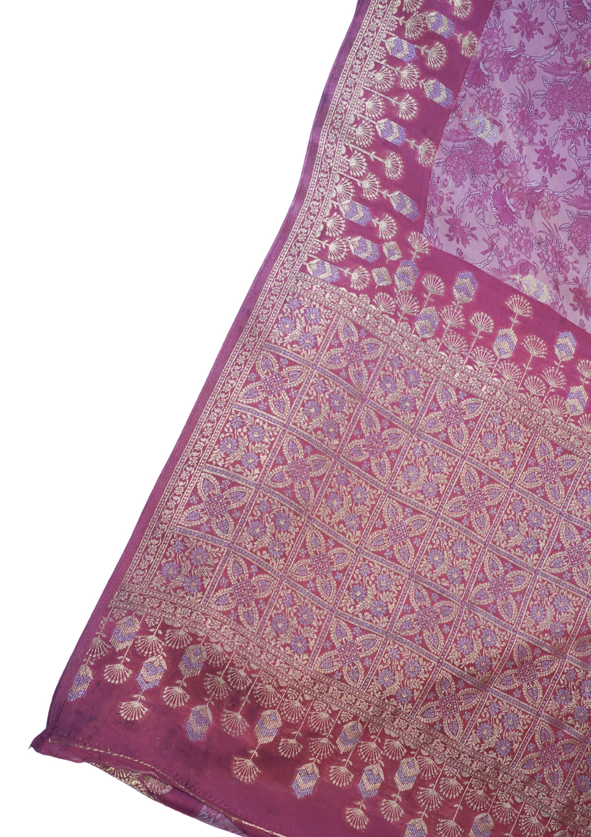 Pink Mushroo Silk Saree with Kalamkari Print (Floral & Bird Patterns)