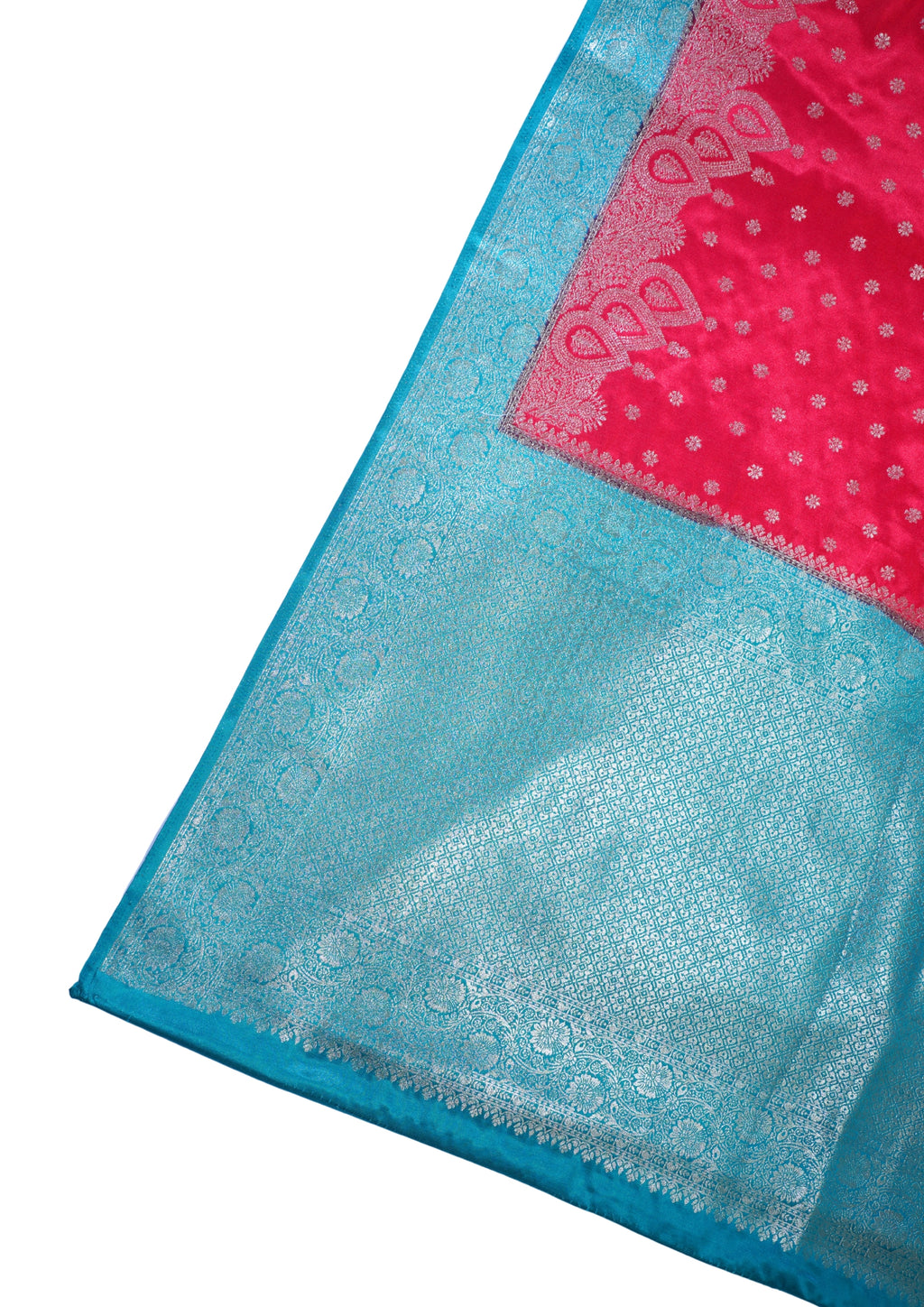 Red Mushroo Silk Saree with Blue Contrast Border