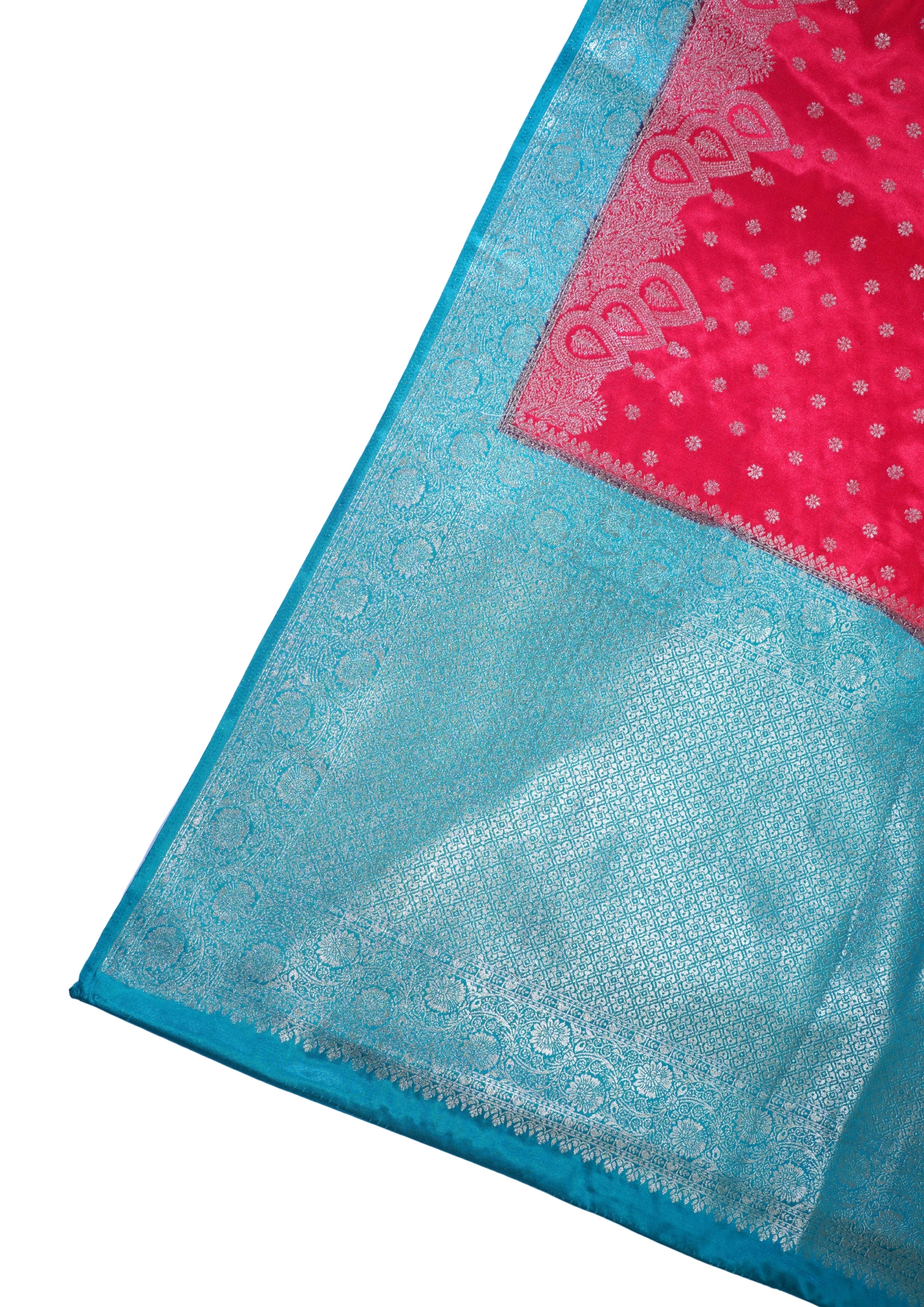 Red Mushroo Silk Saree with Blue Contrast Border