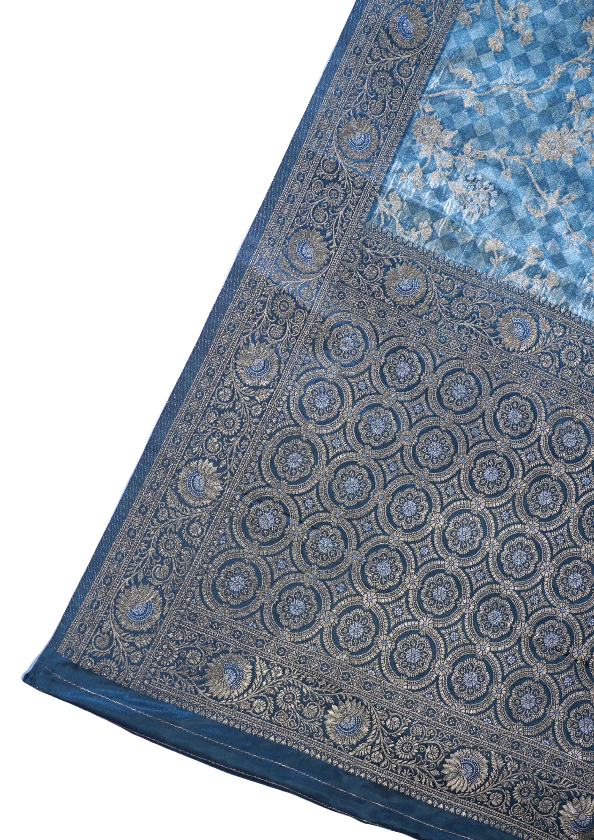 Teal Blue Mushroo Silk Kalamkari Print Fancy Saree