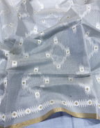 Steel Grey Linen Tissue Unstitched Suit with Ikat-Inspired Embroidery