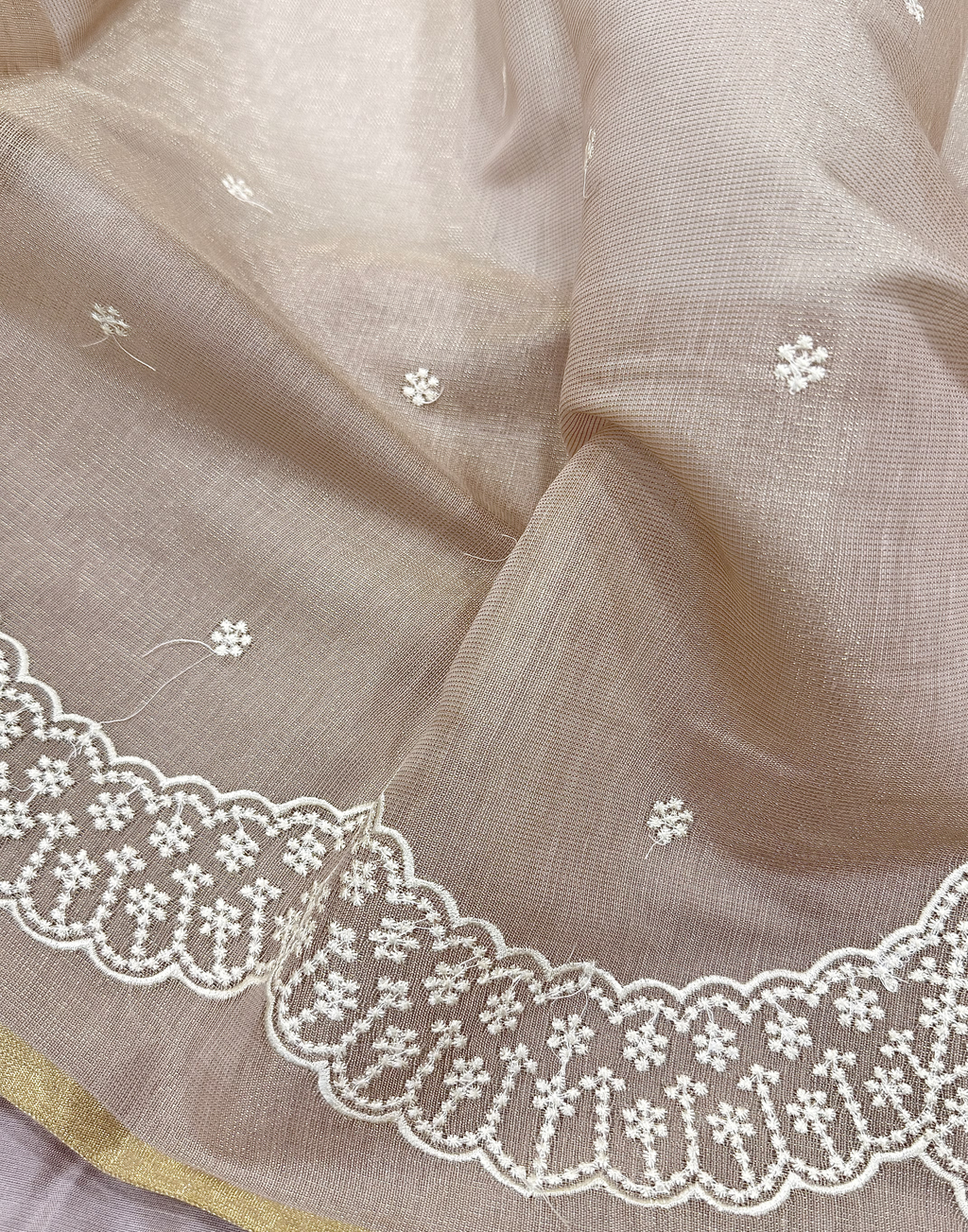 Beige Linen Tissue Unstitched Suit with Thread Embroidery