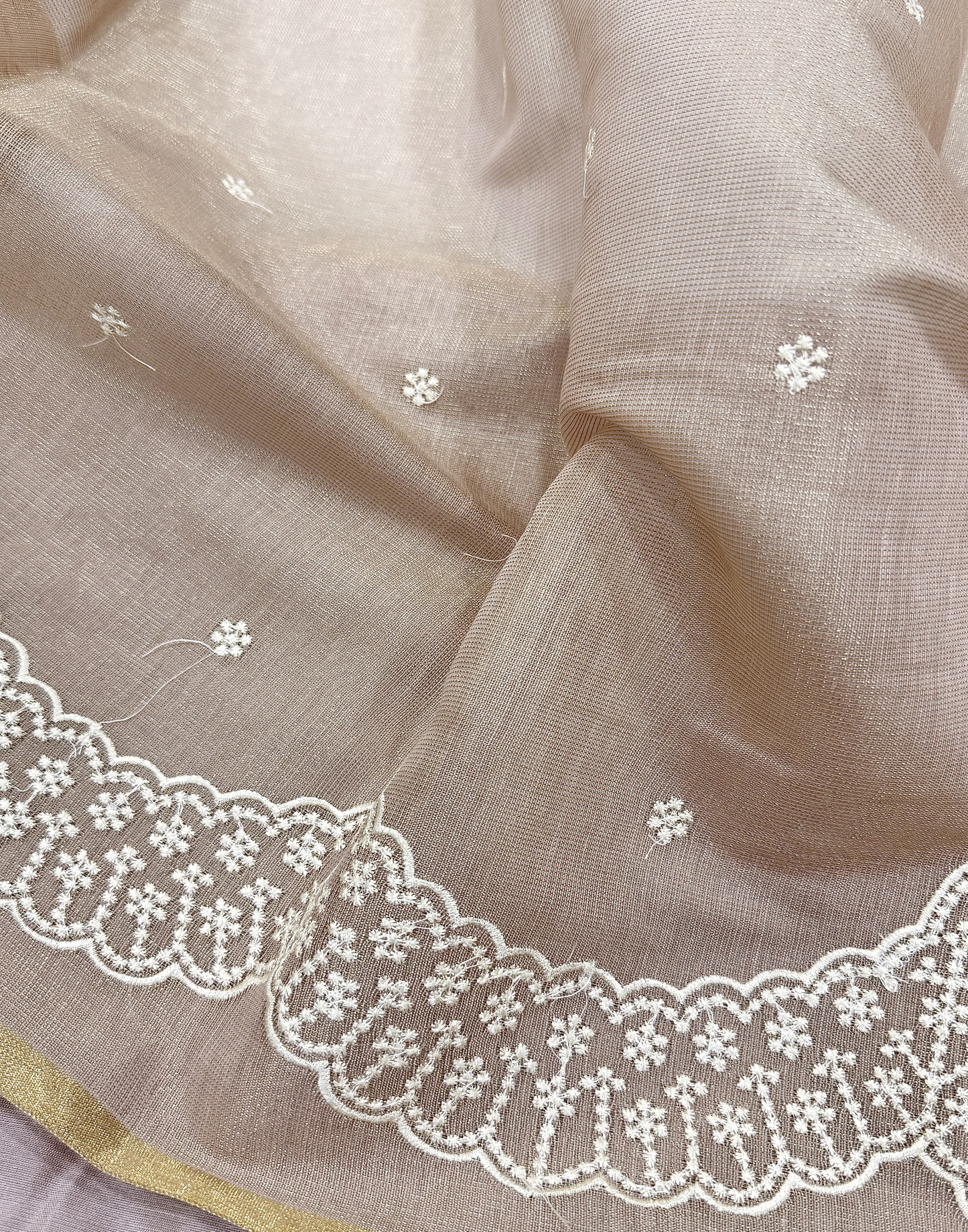 Beige Linen Tissue Unstitched Suit with Thread Embroidery