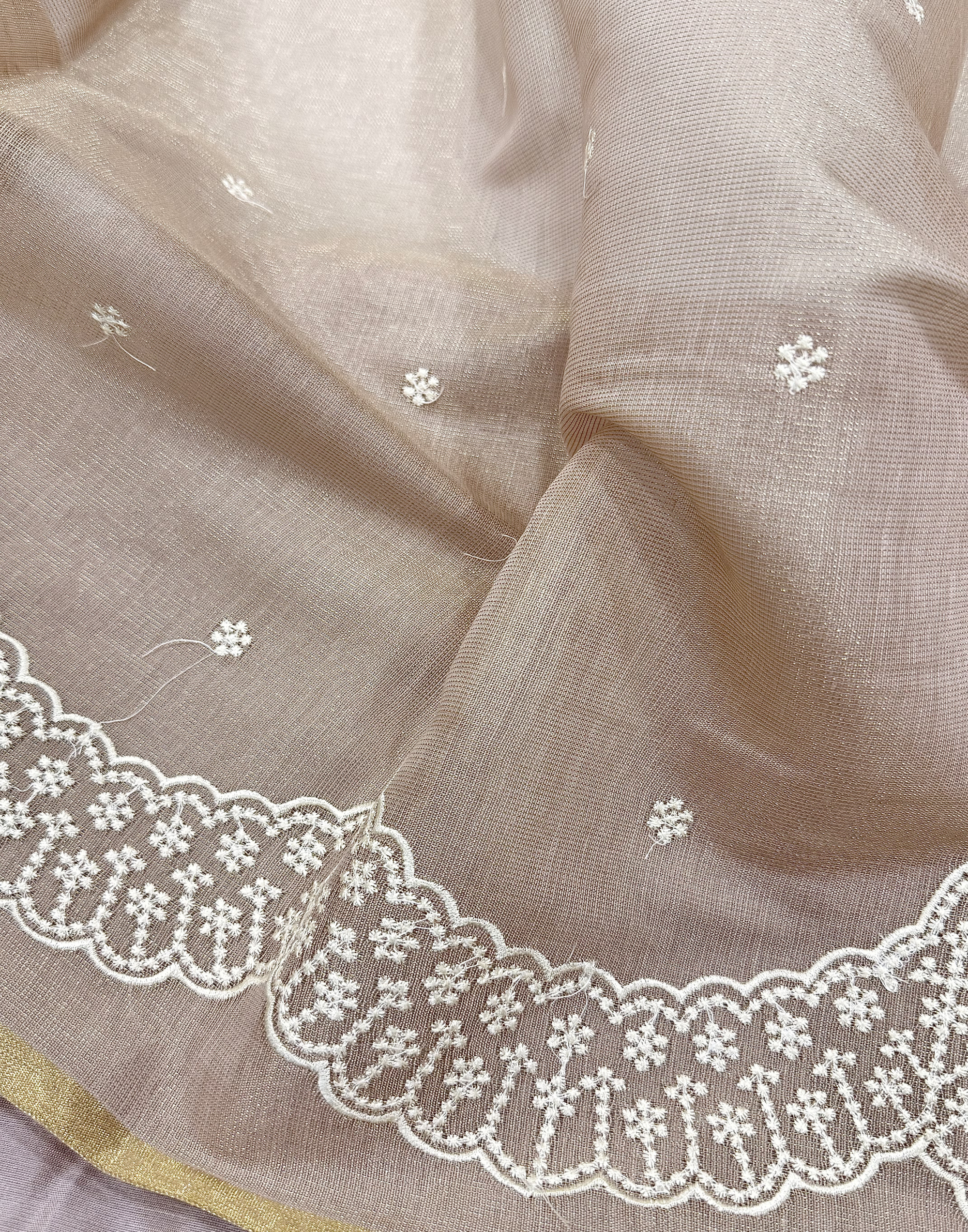 Beige Linen Tissue Unstitched Suit with Thread Embroidery