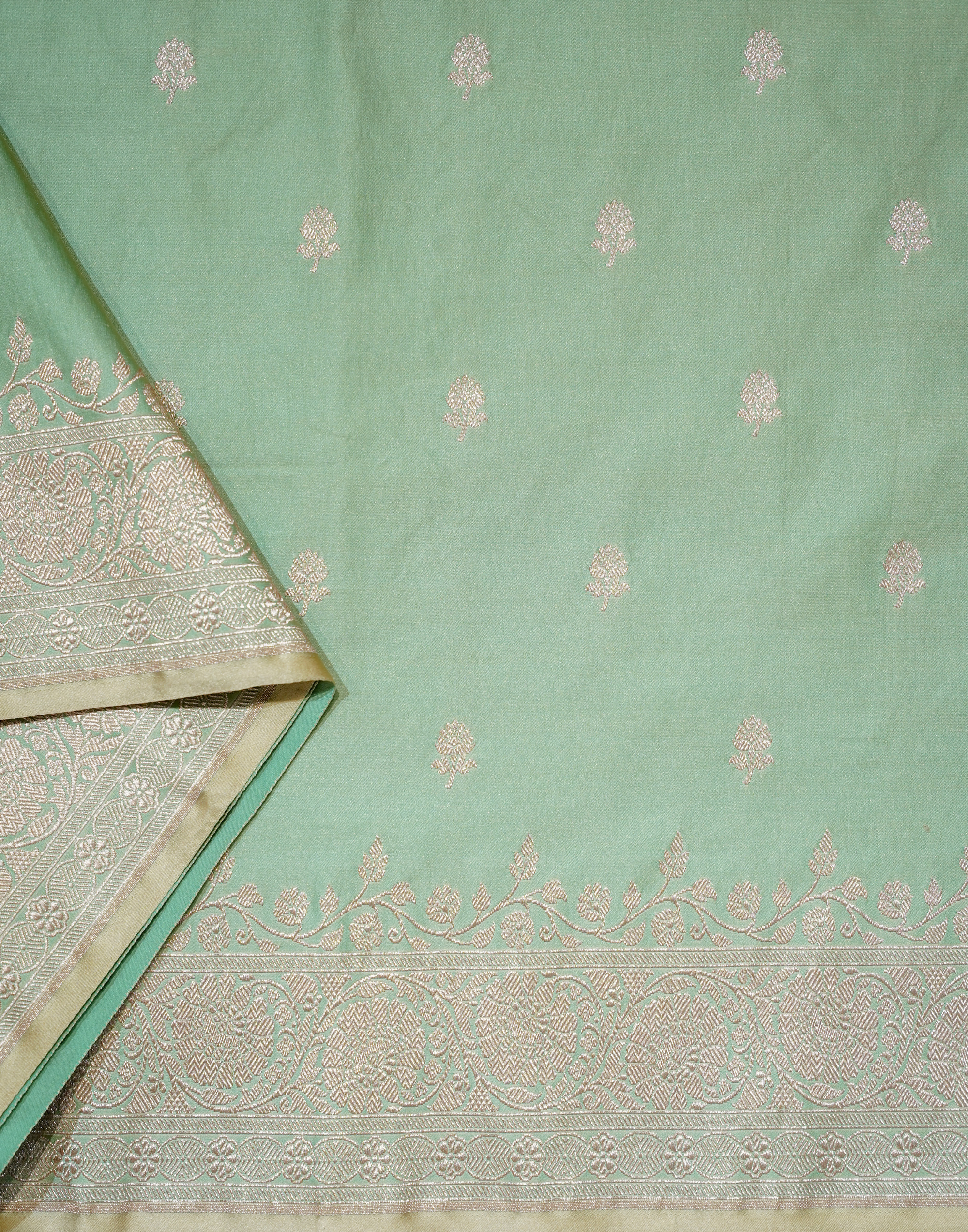 Sage Green Banarasi Mushroo Silk Saree with Floral Weaving & Zari Border