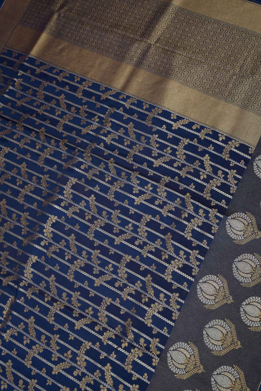 Navy Blue Viscose Satin Saree with Dual Weaving