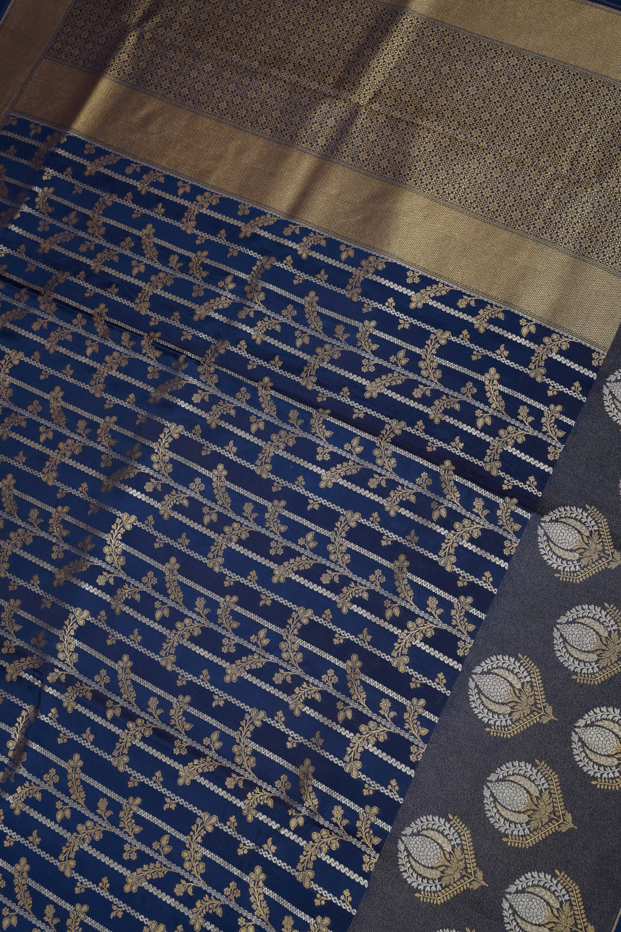 Navy Blue Viscose Satin Saree with Dual Weaving