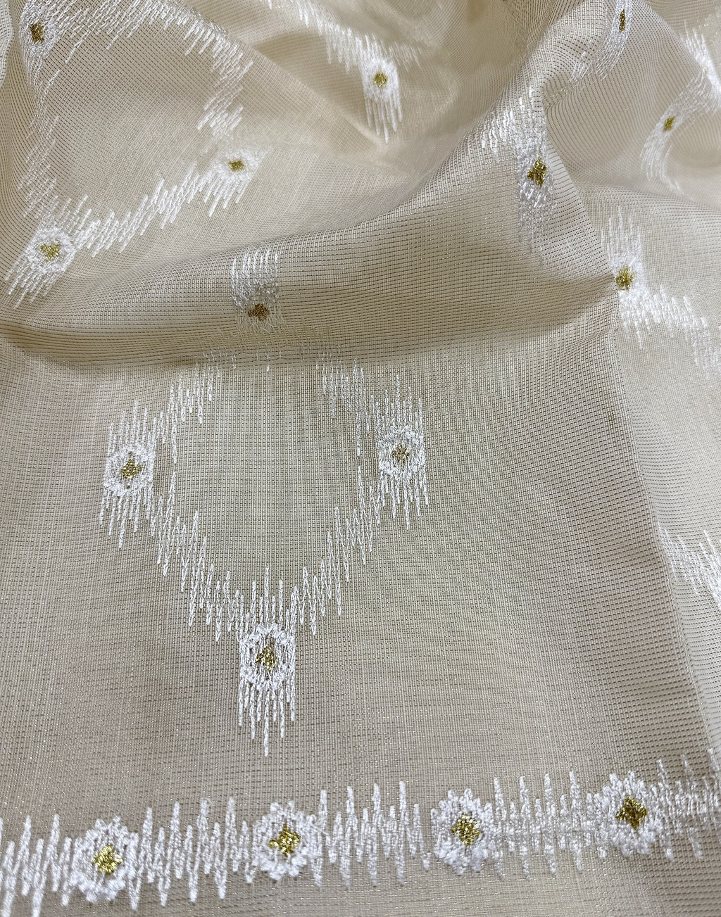 Off White Linen Tissue Unstitched Suit with Ikat-Inspired Embroidery