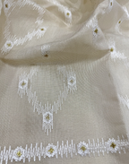 Off White Linen Tissue Unstitched Suit with Ikat-Inspired Embroidery