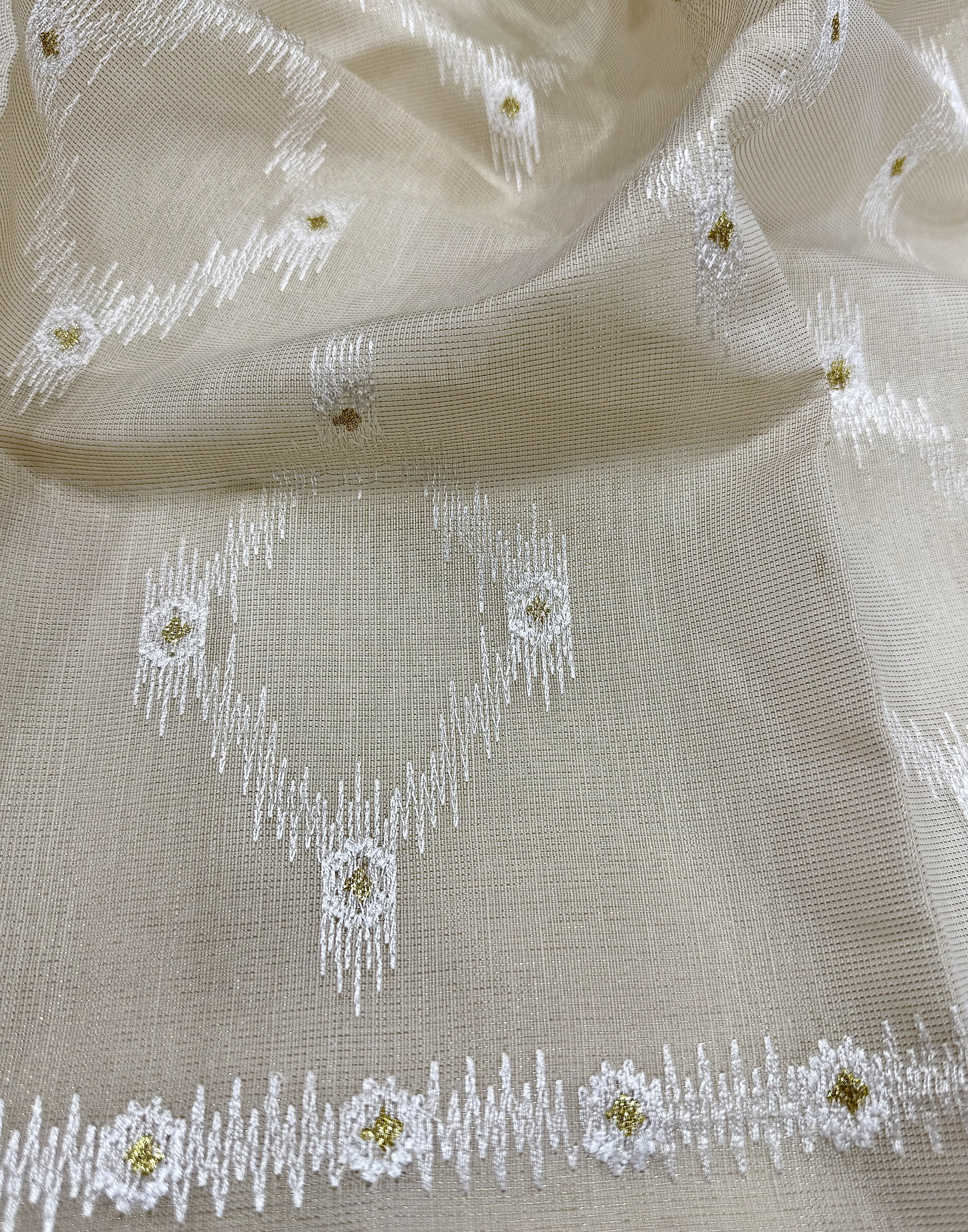 Off White Linen Tissue Unstitched Suit with Ikat-Inspired Embroidery
