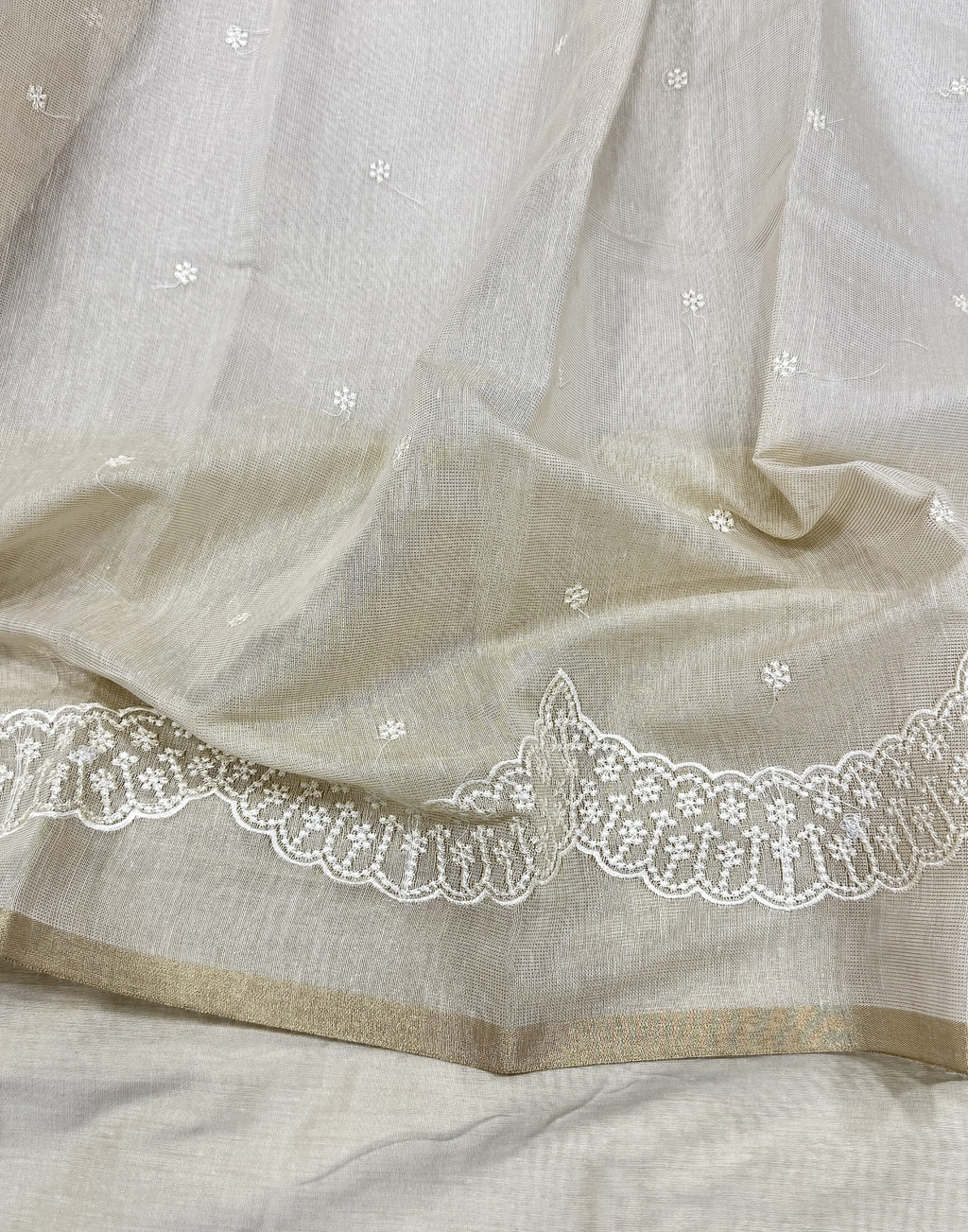 Off White Linen Tissue Unstitched Suit with Thread Embroidery