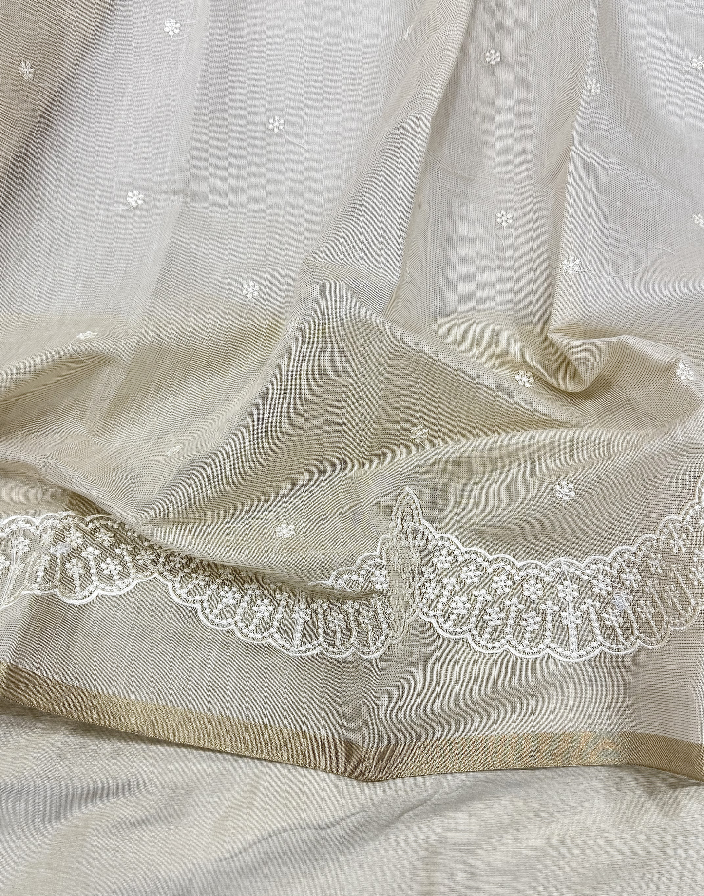 Off White Linen Tissue Unstitched Suit with Thread Embroidery