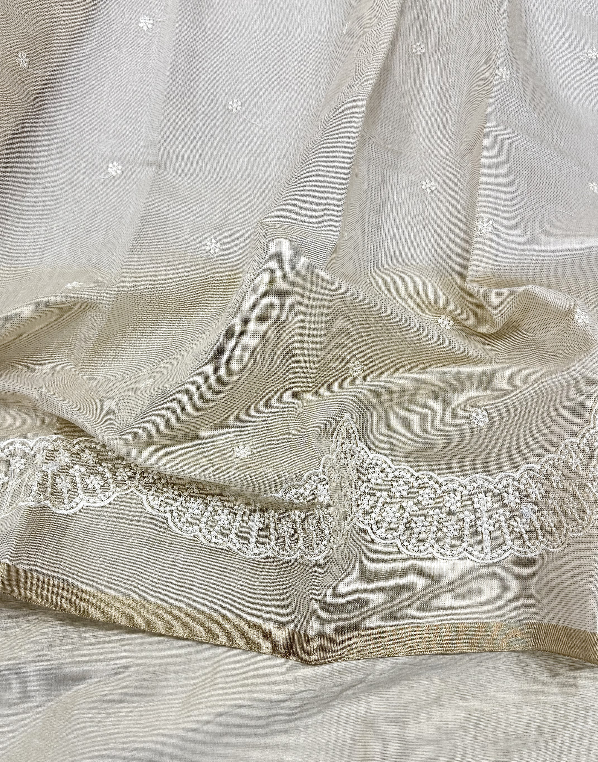 Off White Linen Tissue Unstitched Suit with Thread Embroidery