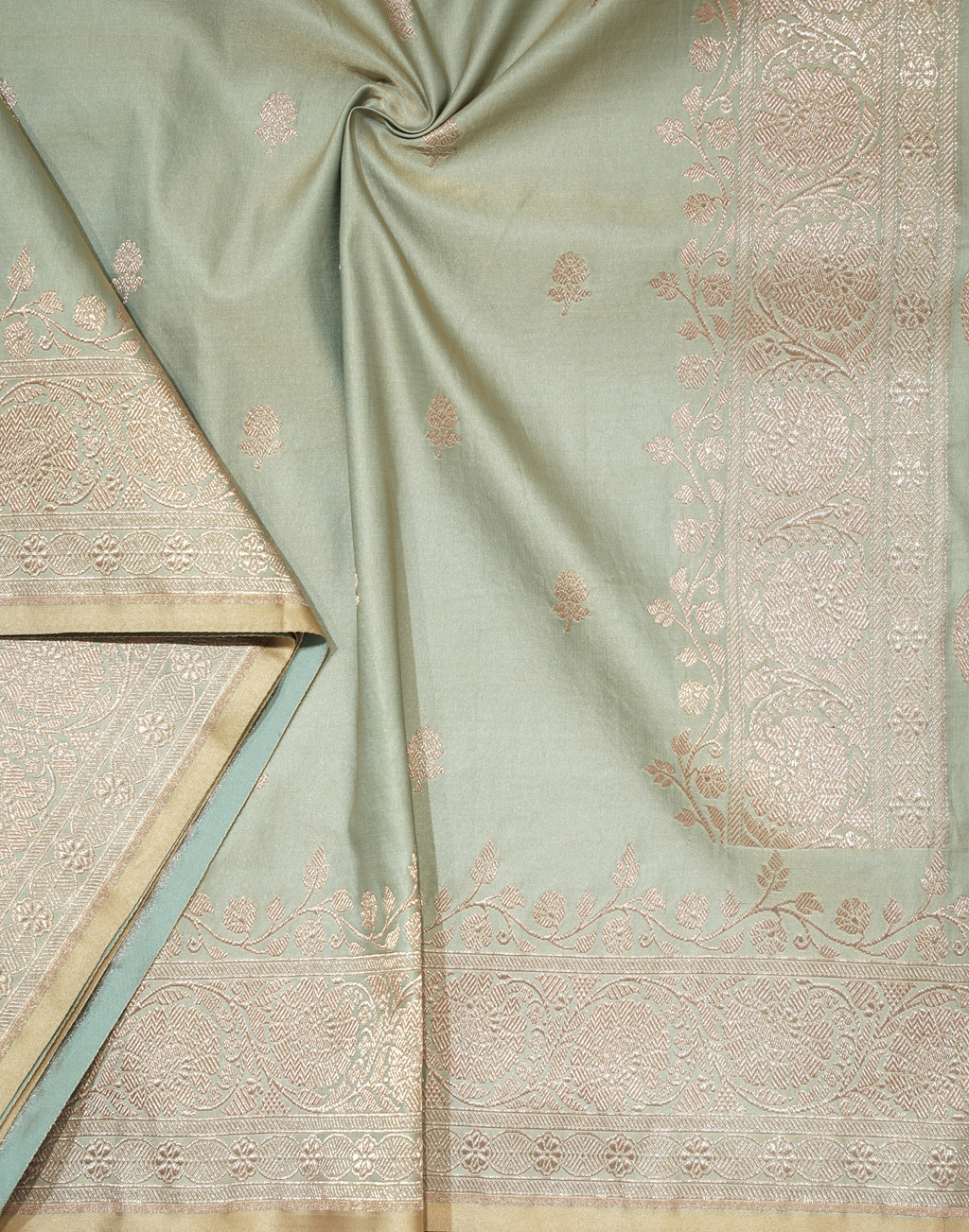 Pistachio Green Banarasi Mushroo Silk Saree with Floral Weaving & Zari Border