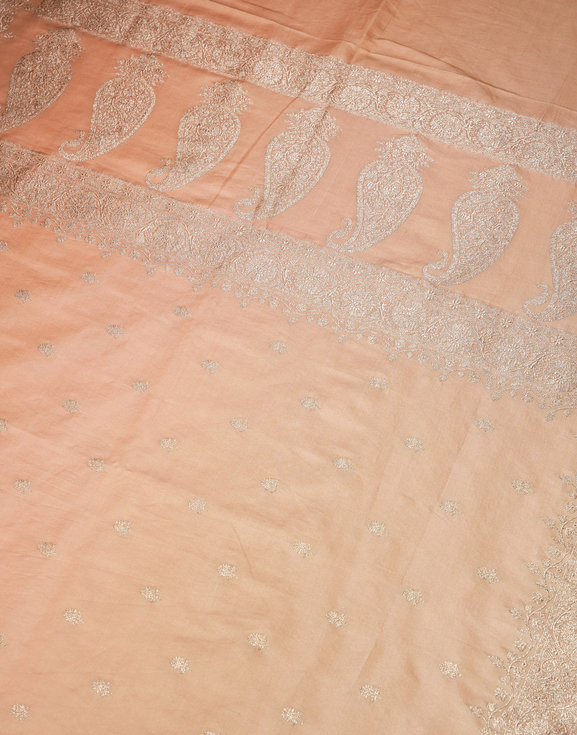 Pastel Peach Banarasi Mushroo Silk Saree with Floral Weaving & Zari Border