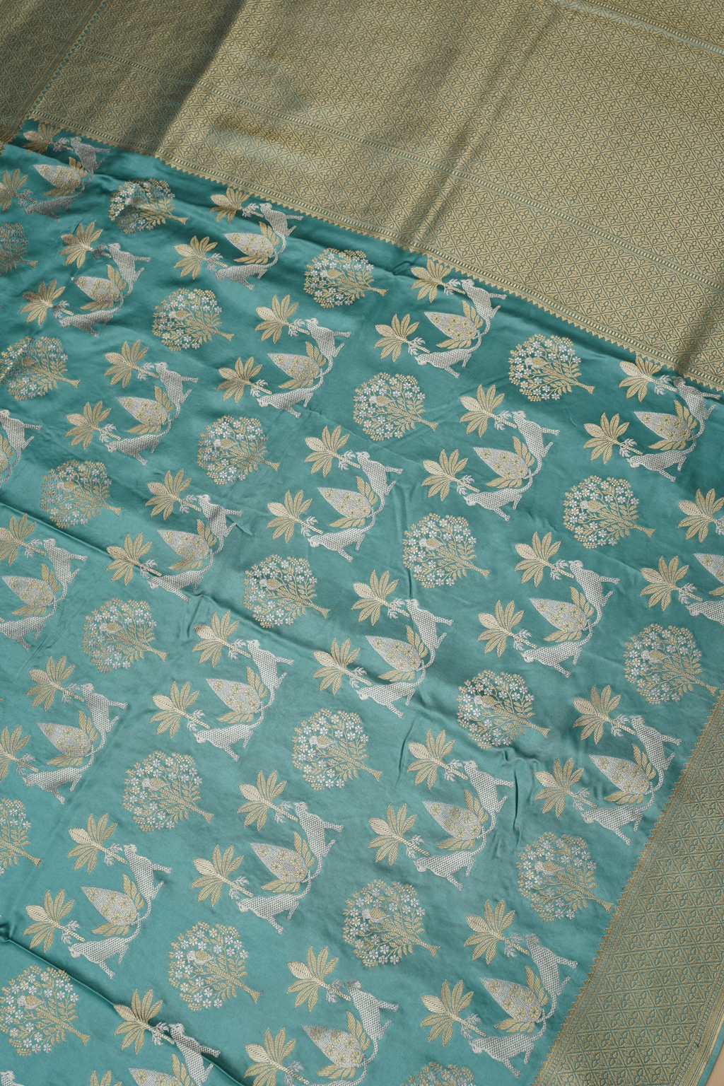 Teal Blue Viscose Satin Saree with Dual Weaving