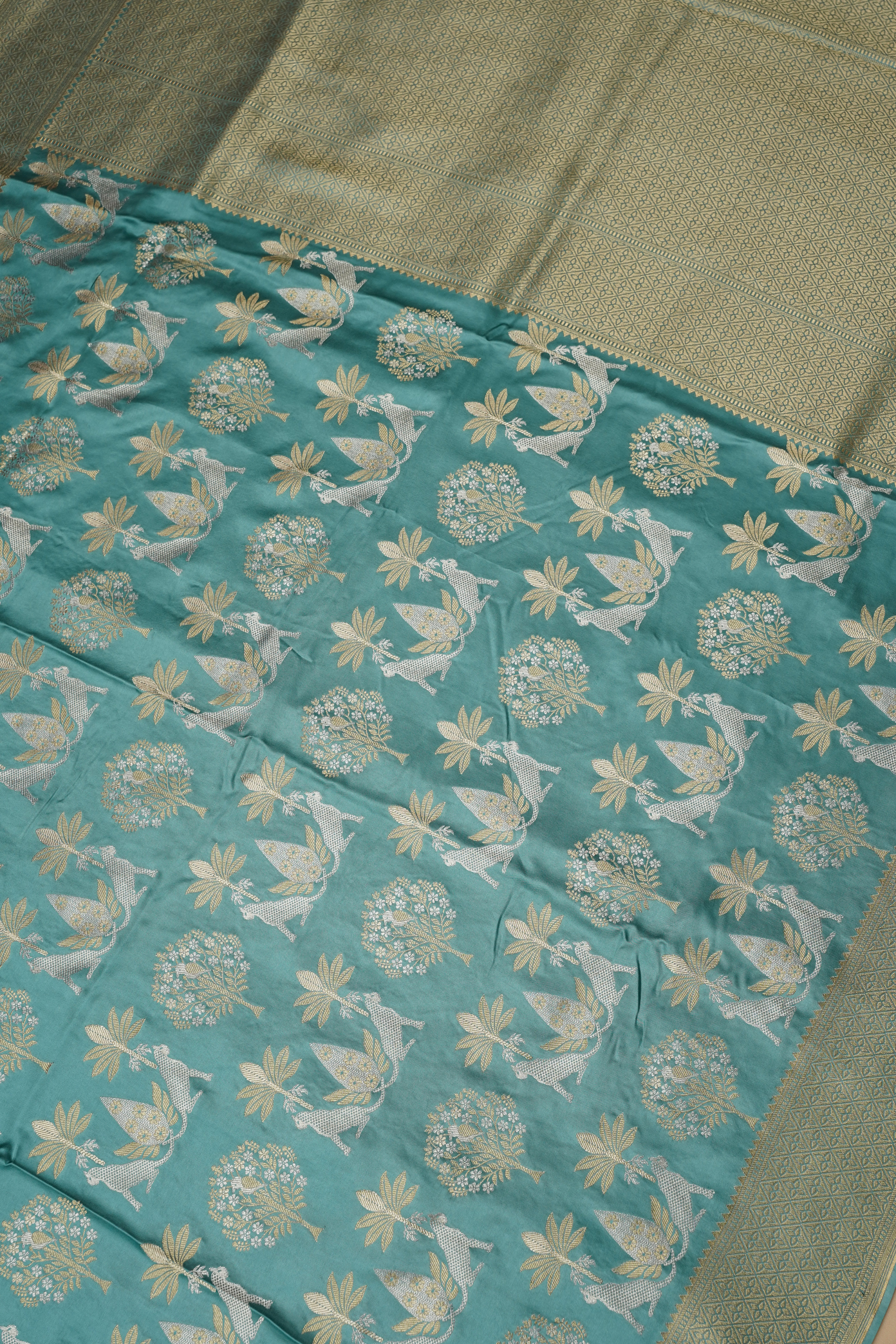 Teal Blue Viscose Satin Saree with Dual Weaving