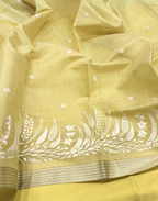 Mustard Linen Tissue Unstitched Suit with Floral Embroidery