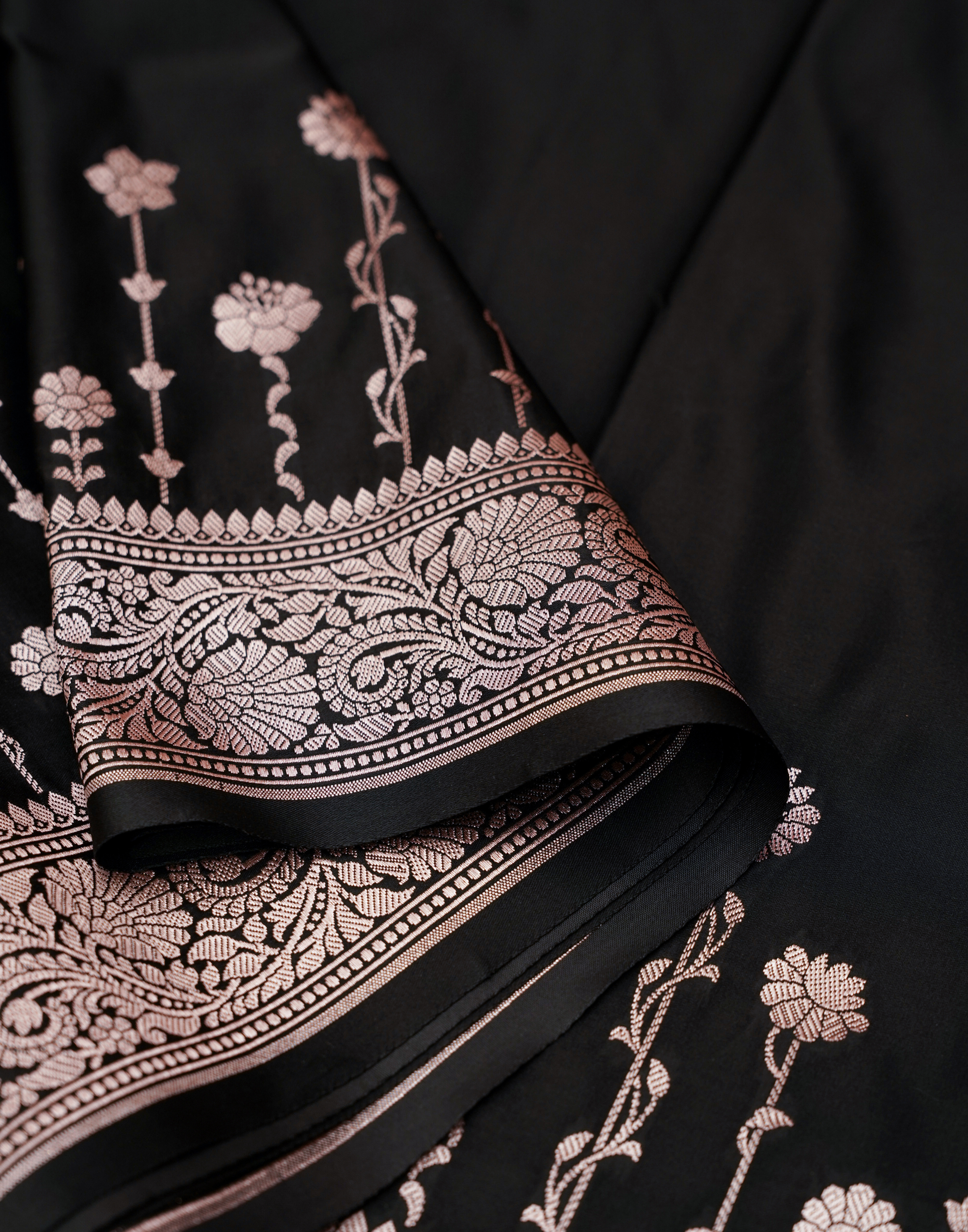 Black Banarasi Mushroo Silk Saree with Zari Border