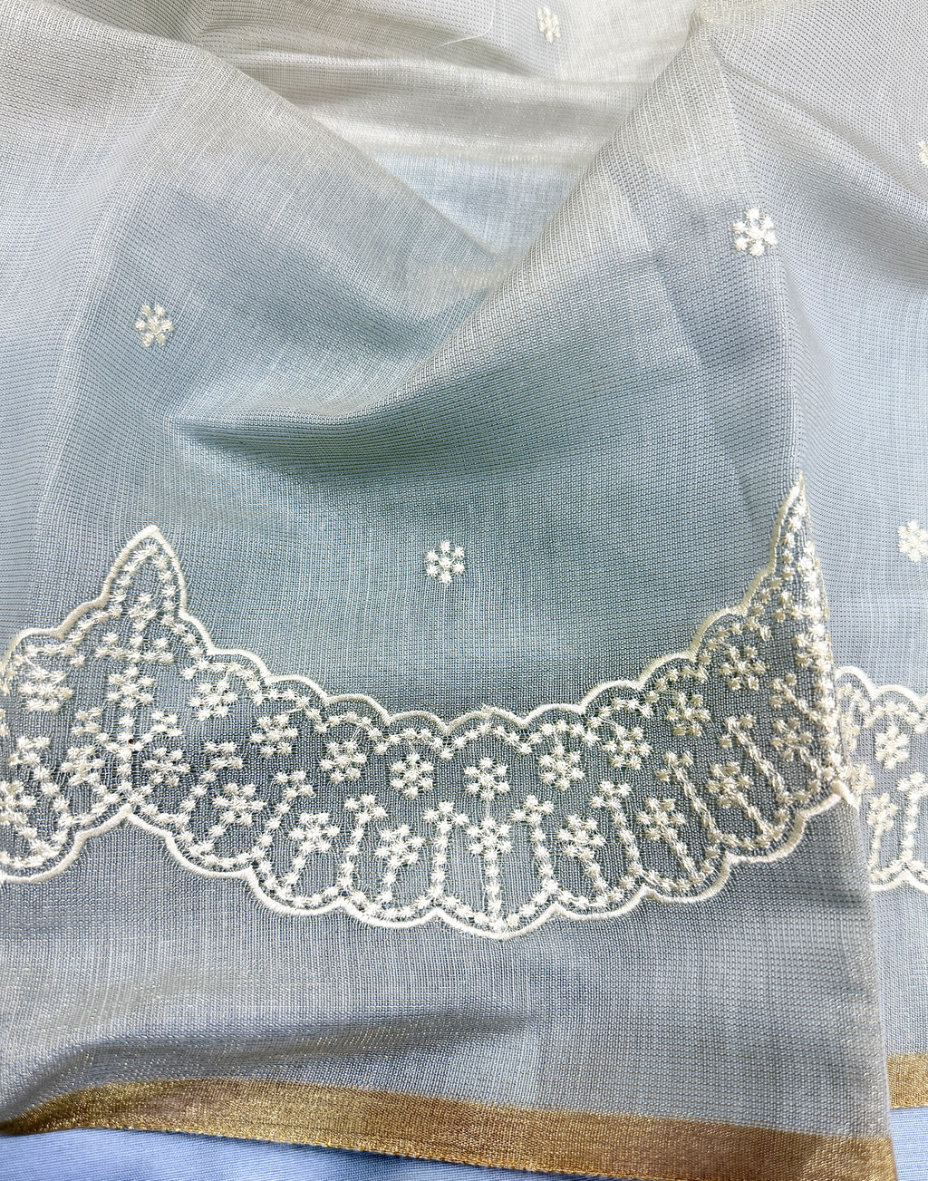 Dual Tone Blue Linen Tissue Unstitched Suit with Embroidery