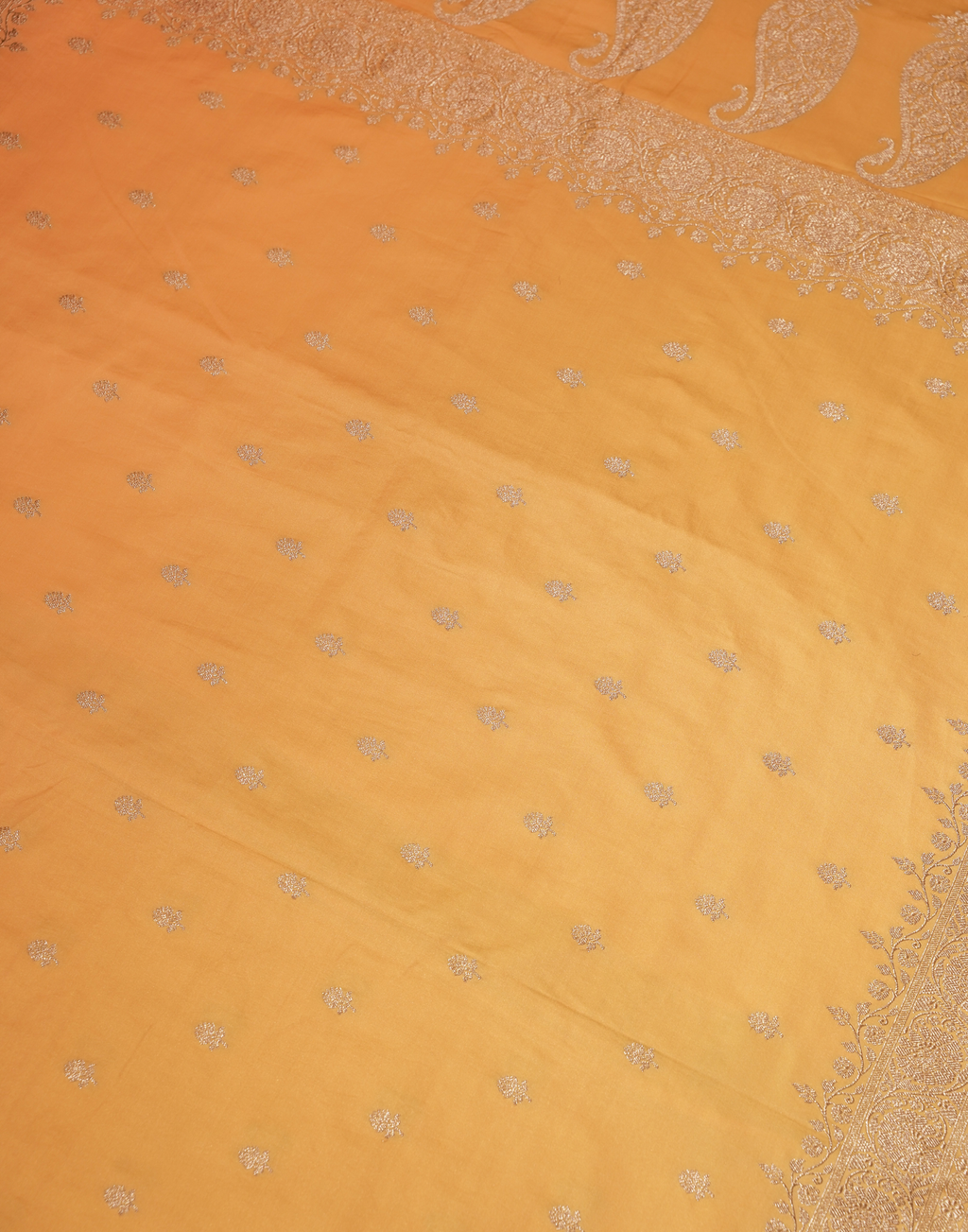 Pastel Peach Banarasi Mushroo Silk Saree with Floral Weaving & Zari Border