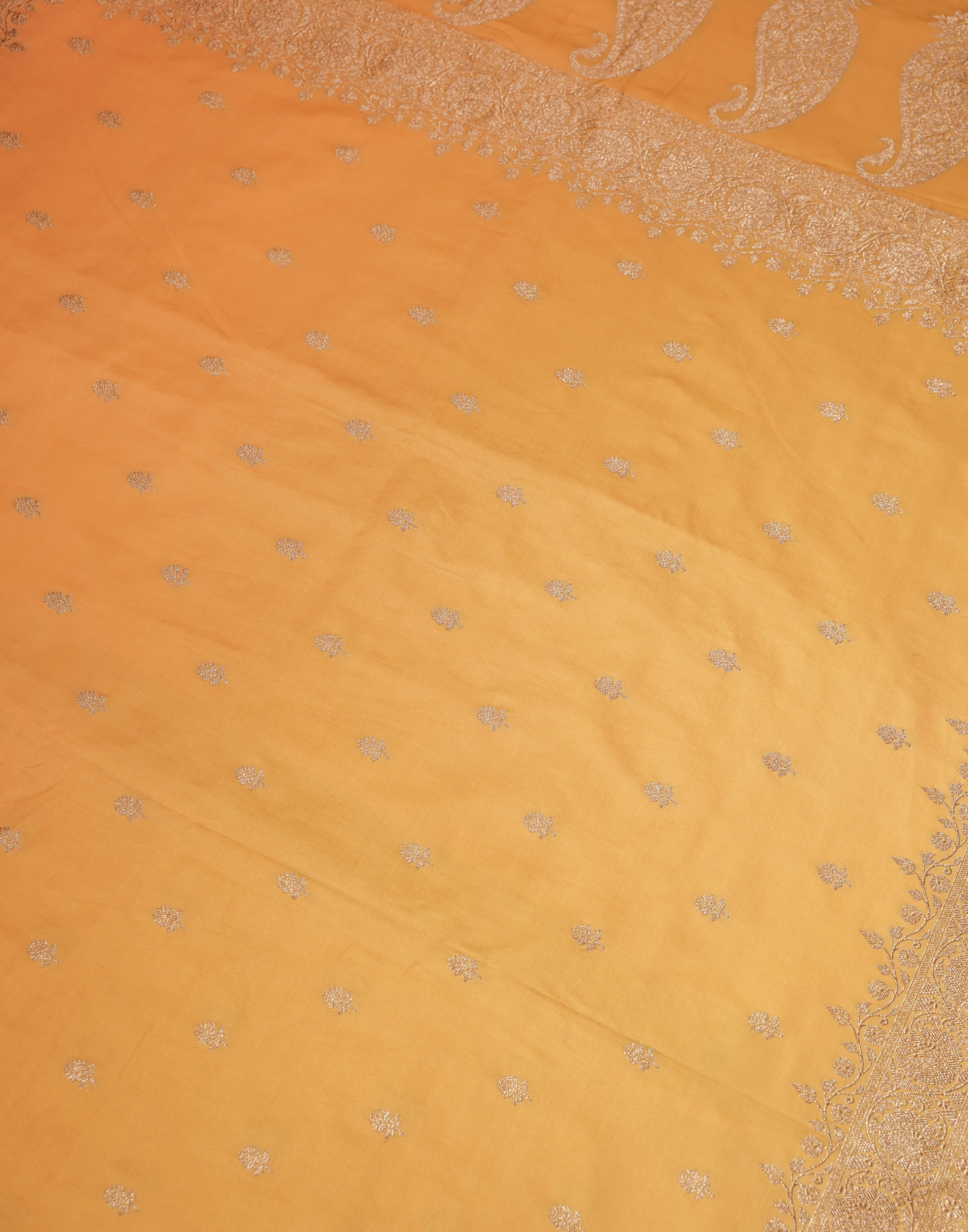Pastel Peach Banarasi Mushroo Silk Saree with Floral Weaving & Zari Border