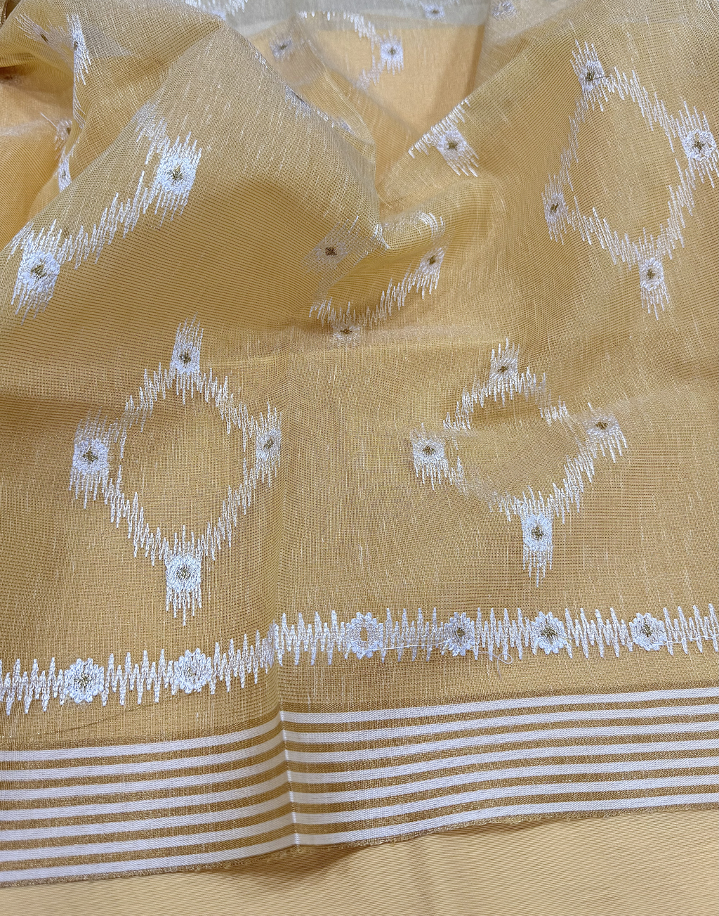 Mustard Linen Tissue Unstitched Suit with Ikat-Inspired Embroidery