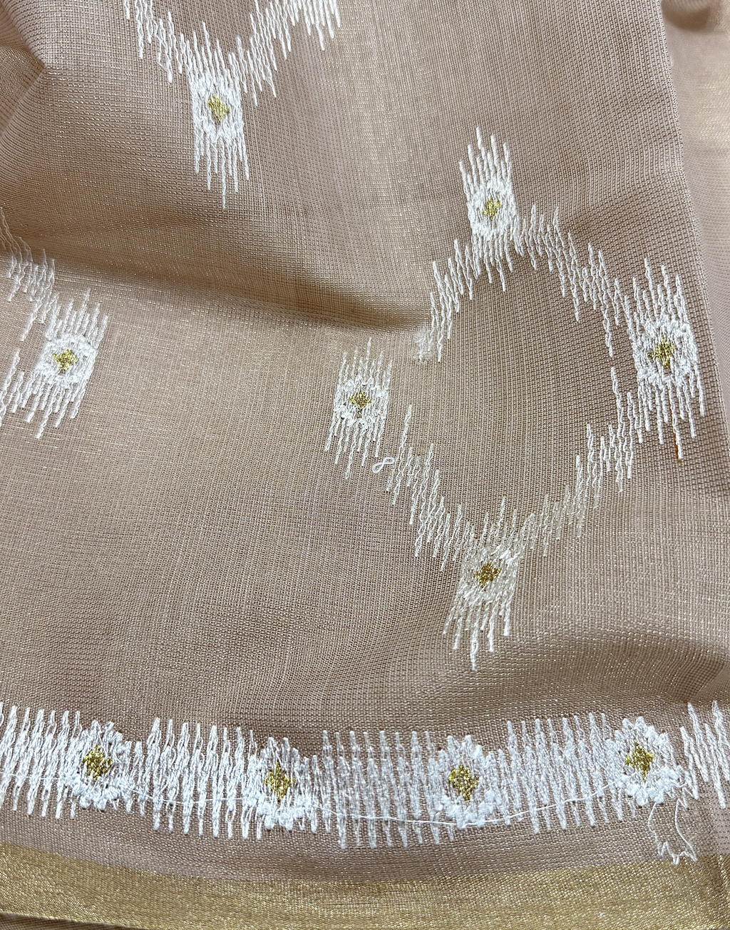 Beige Linen Tissue Unstitched Suit with Ikat-Inspired Embroidery
