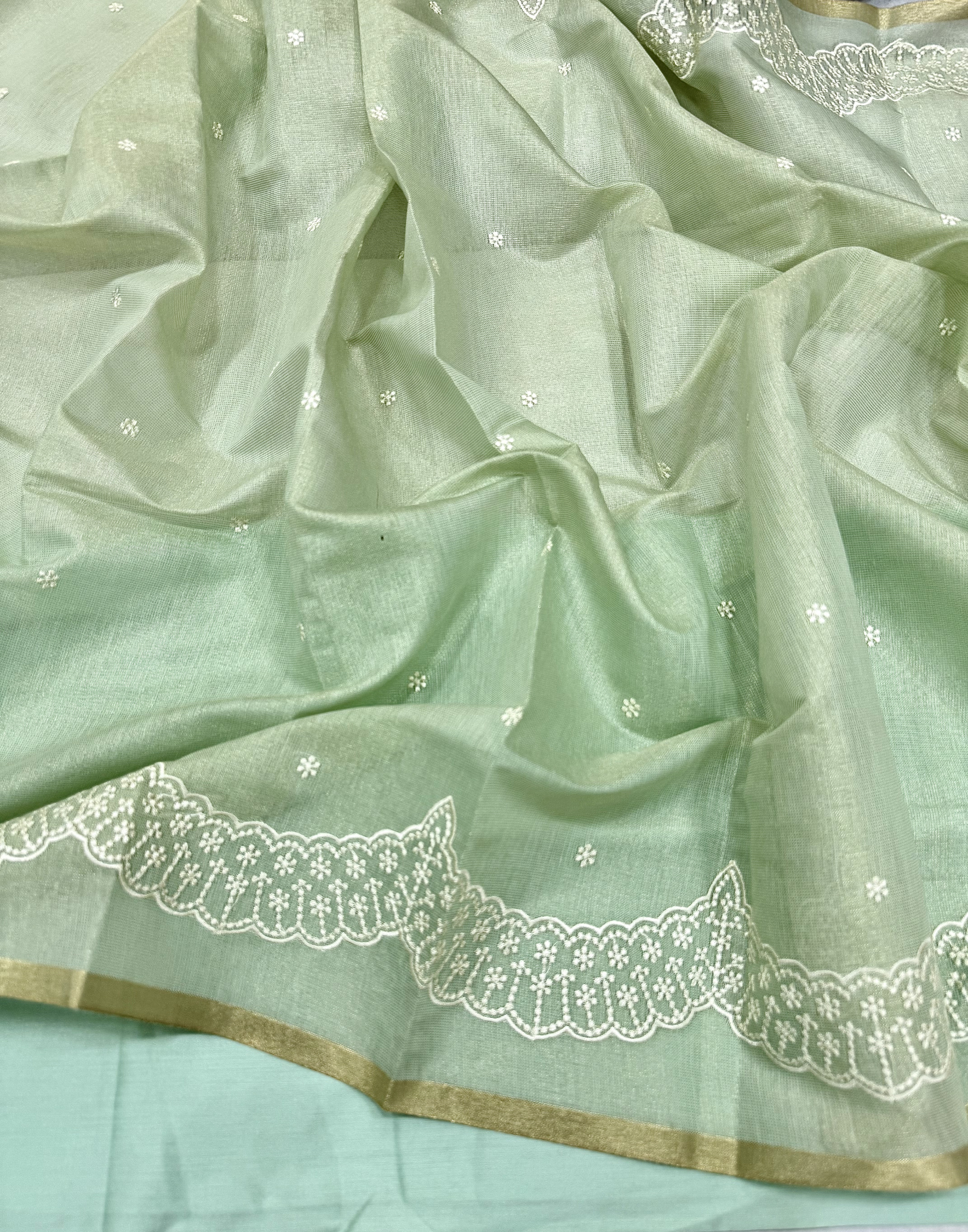 Mint Green Linen Tissue Unstitched Suit with Thread Embroidery