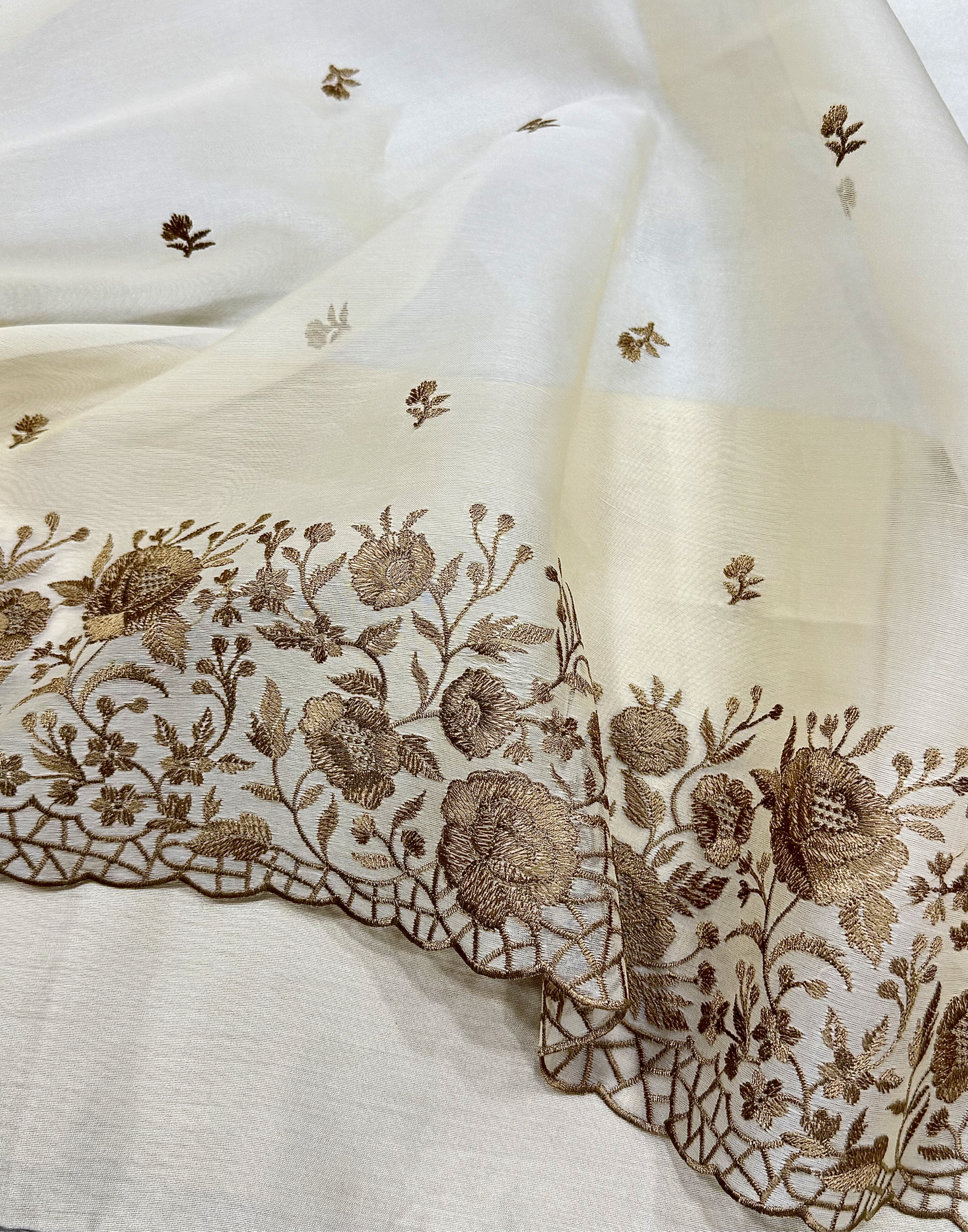 Ivory Cream Organza Unstitched Suit with Antique Gold Floral Embroidery