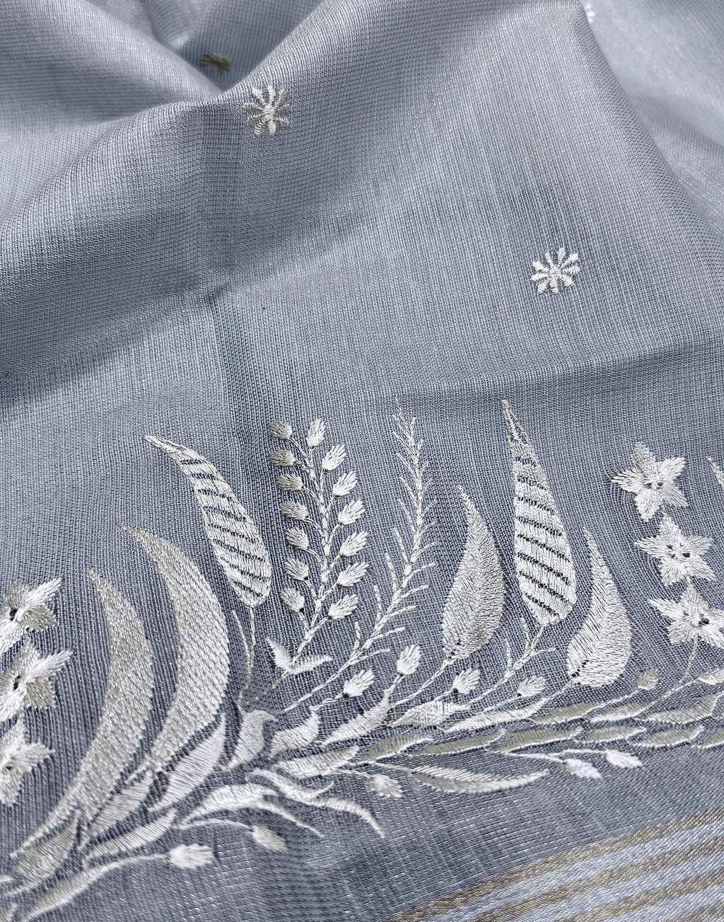 Grey Linen Tissue Unstitched Suit with Floral Embroidery