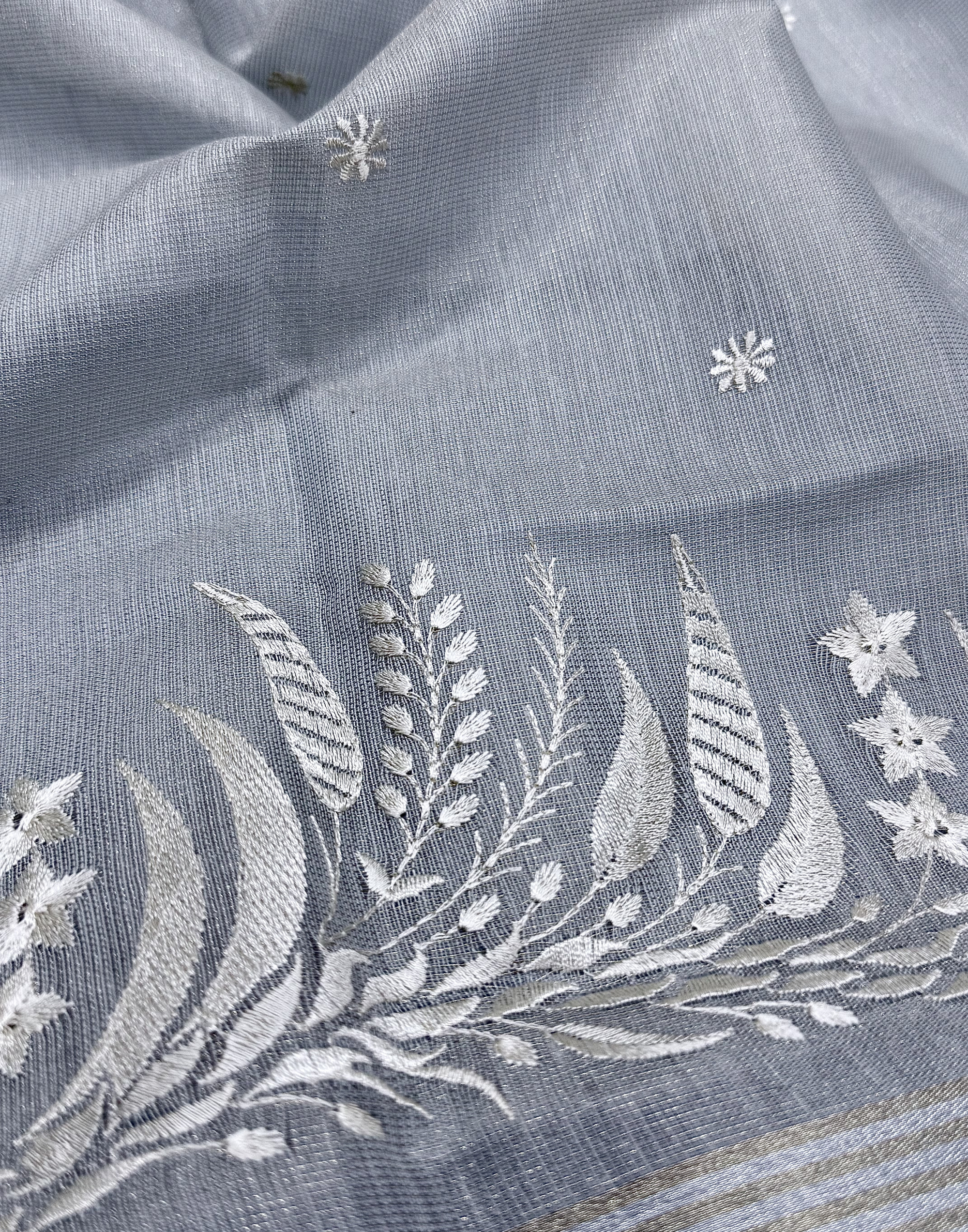 Grey Linen Tissue Unstitched Suit with Floral Embroidery