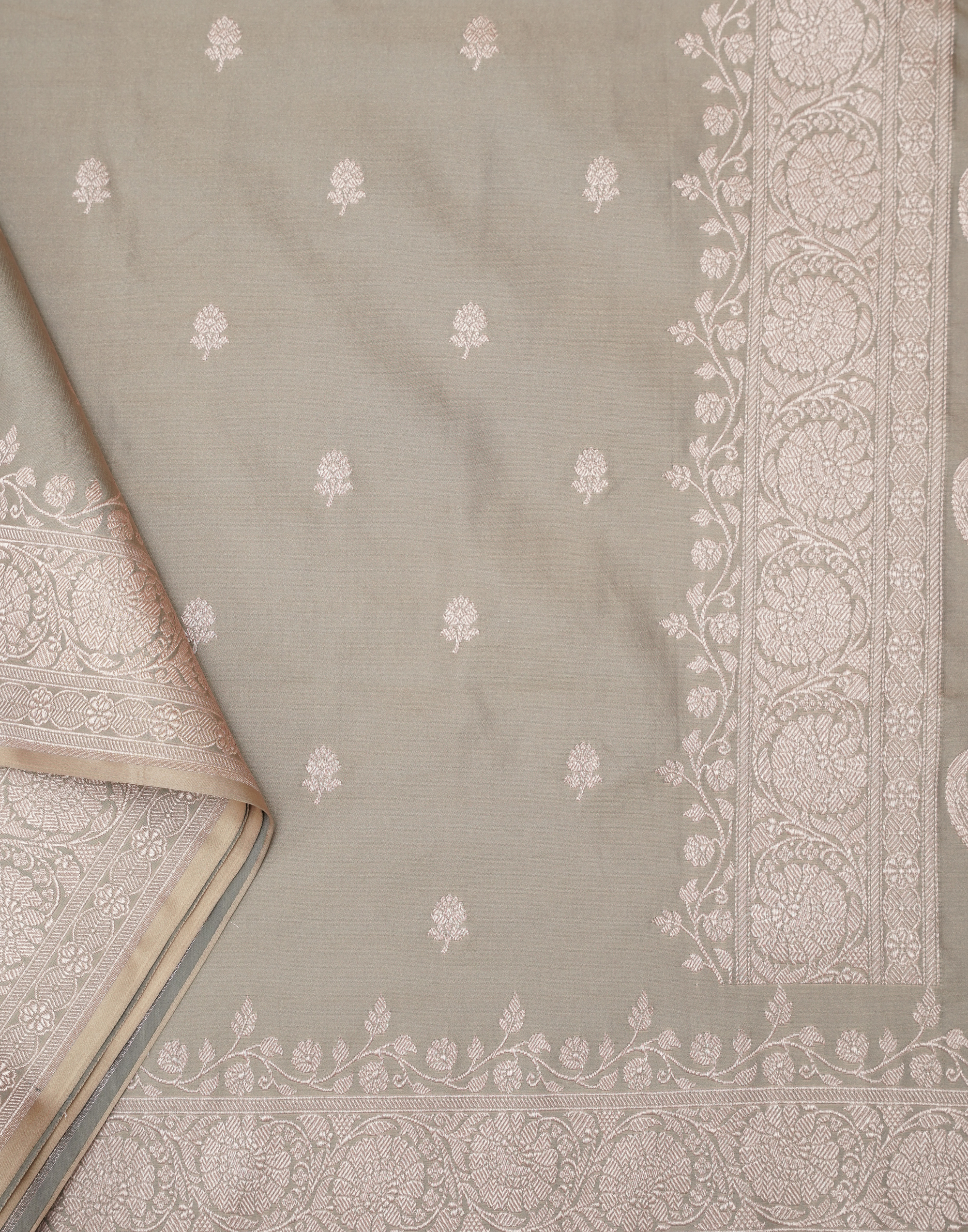 Ash Grey Banarasi Mushroo Silk Saree with Floral Weaving & Zari Border