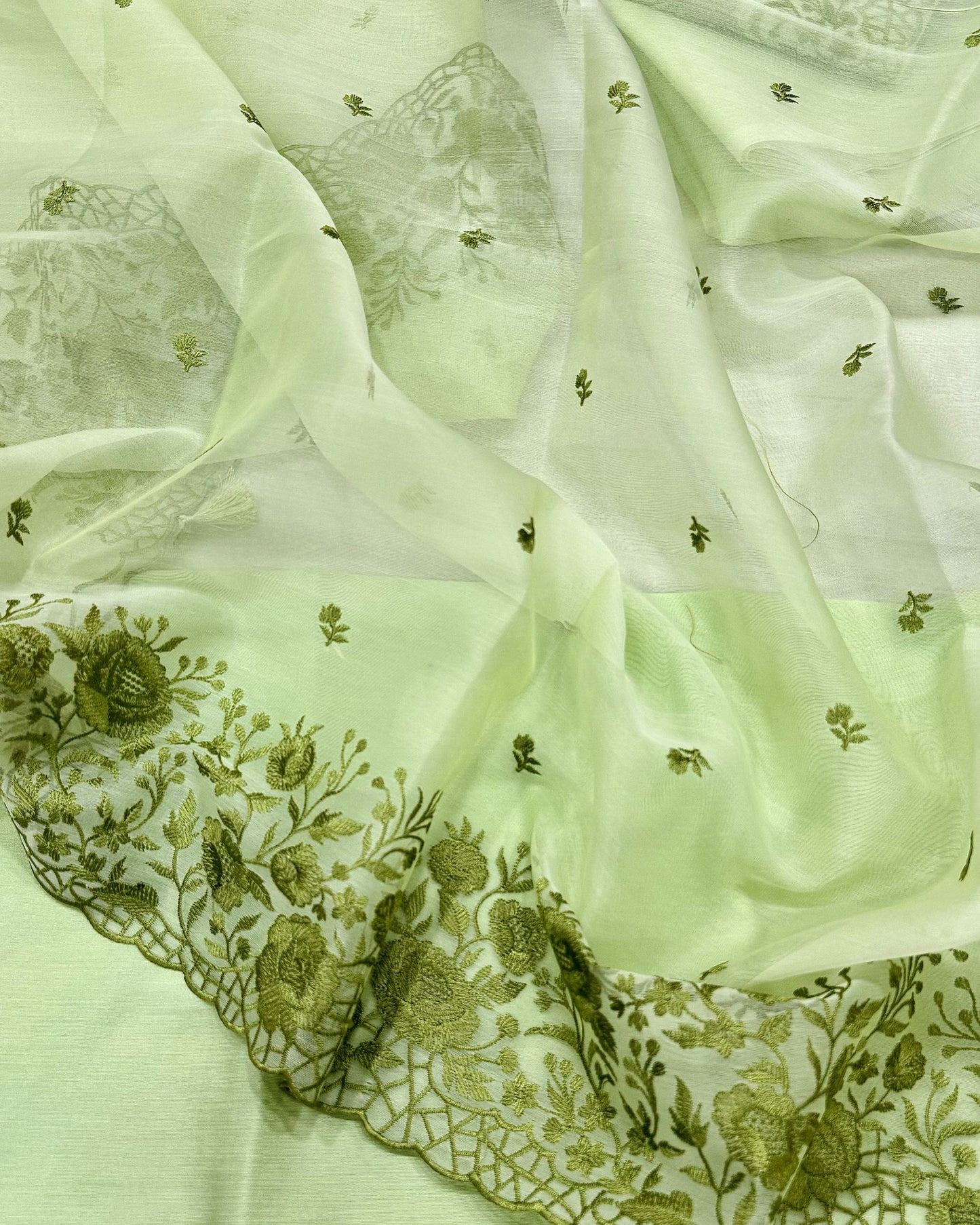 Pastel Mint Green Organza Unstitched Suit with Floral Embroidery