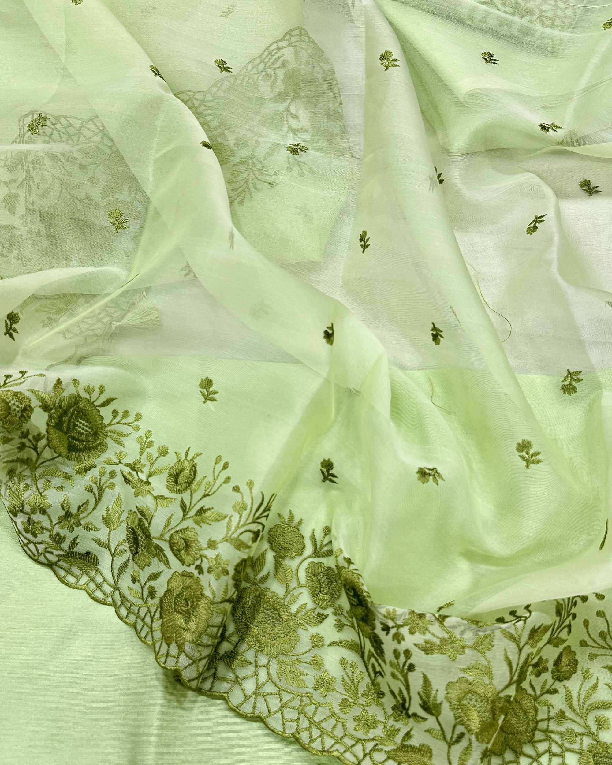 Pastel Mint Green Organza Unstitched Suit with Floral Embroidery