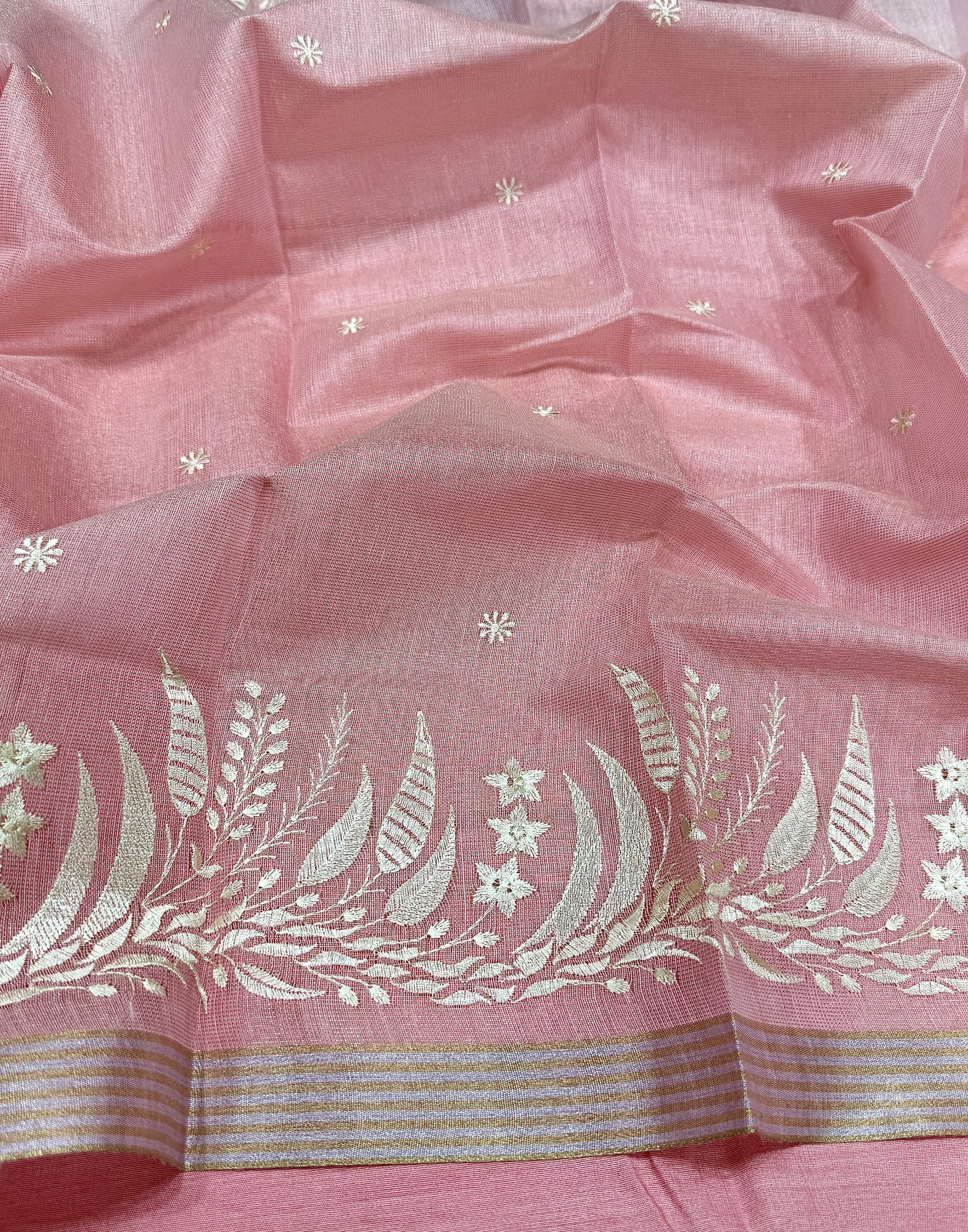Baby Pink Linen Tissue Saree with Floral Thread Embroidery