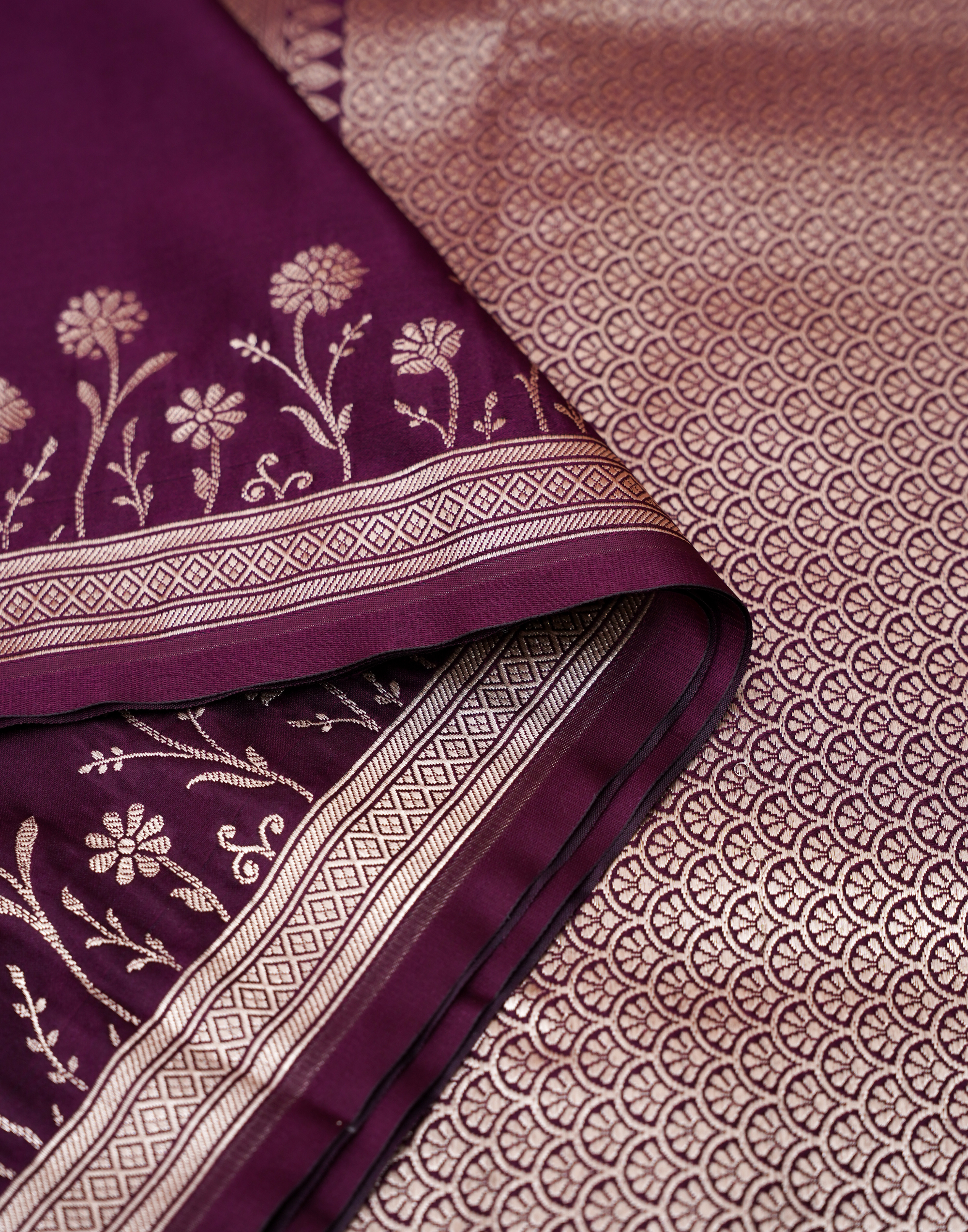 Magenta Banarasi Mushroo Silk Saree with Floral Weaving & Zari Border