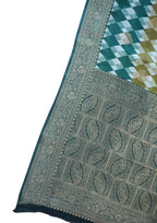 Tri-Color Checkered Viscose Satin Saree with Intricate Block Print