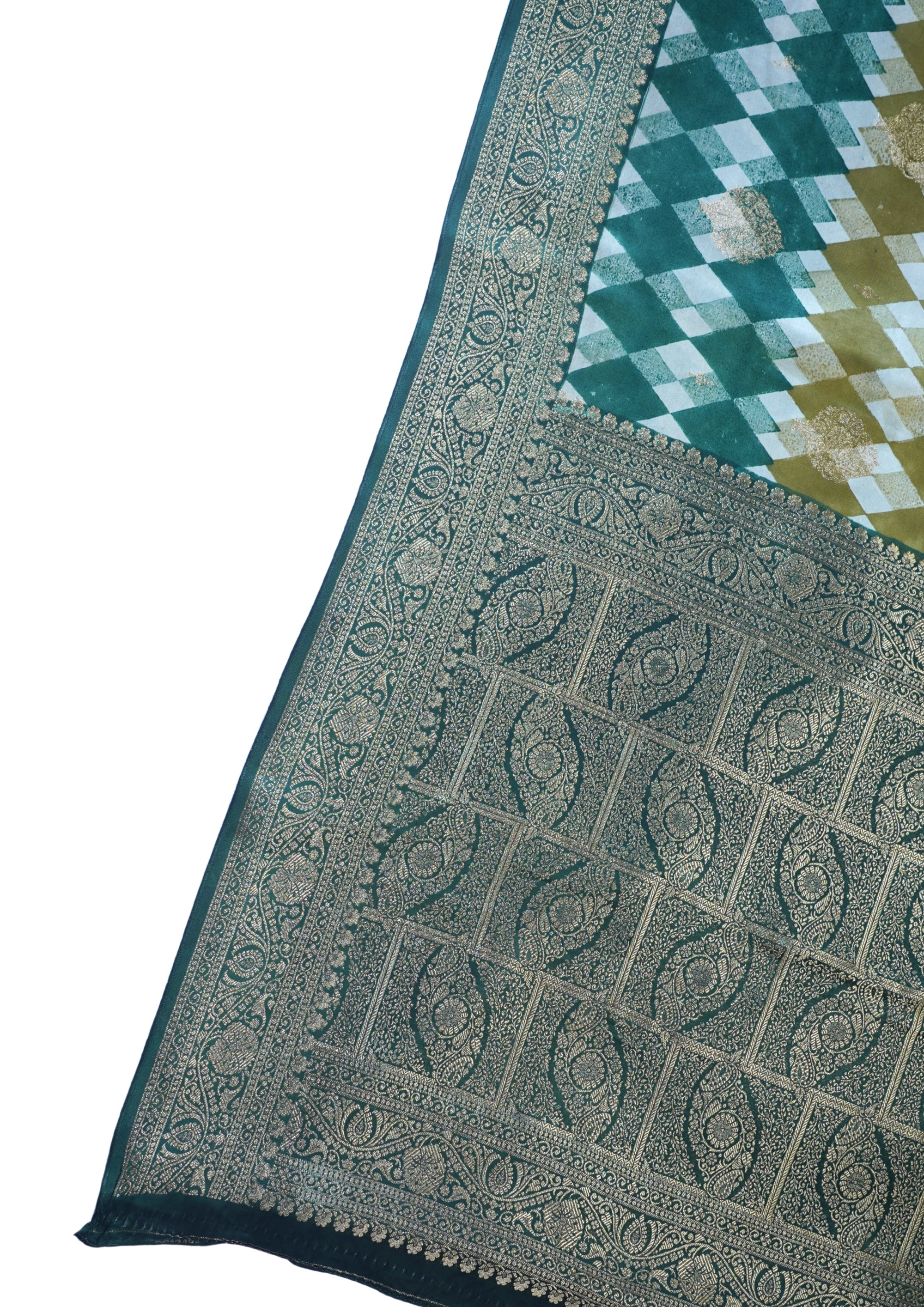 Tri-Color Checkered Viscose Satin Saree with Intricate Block Print