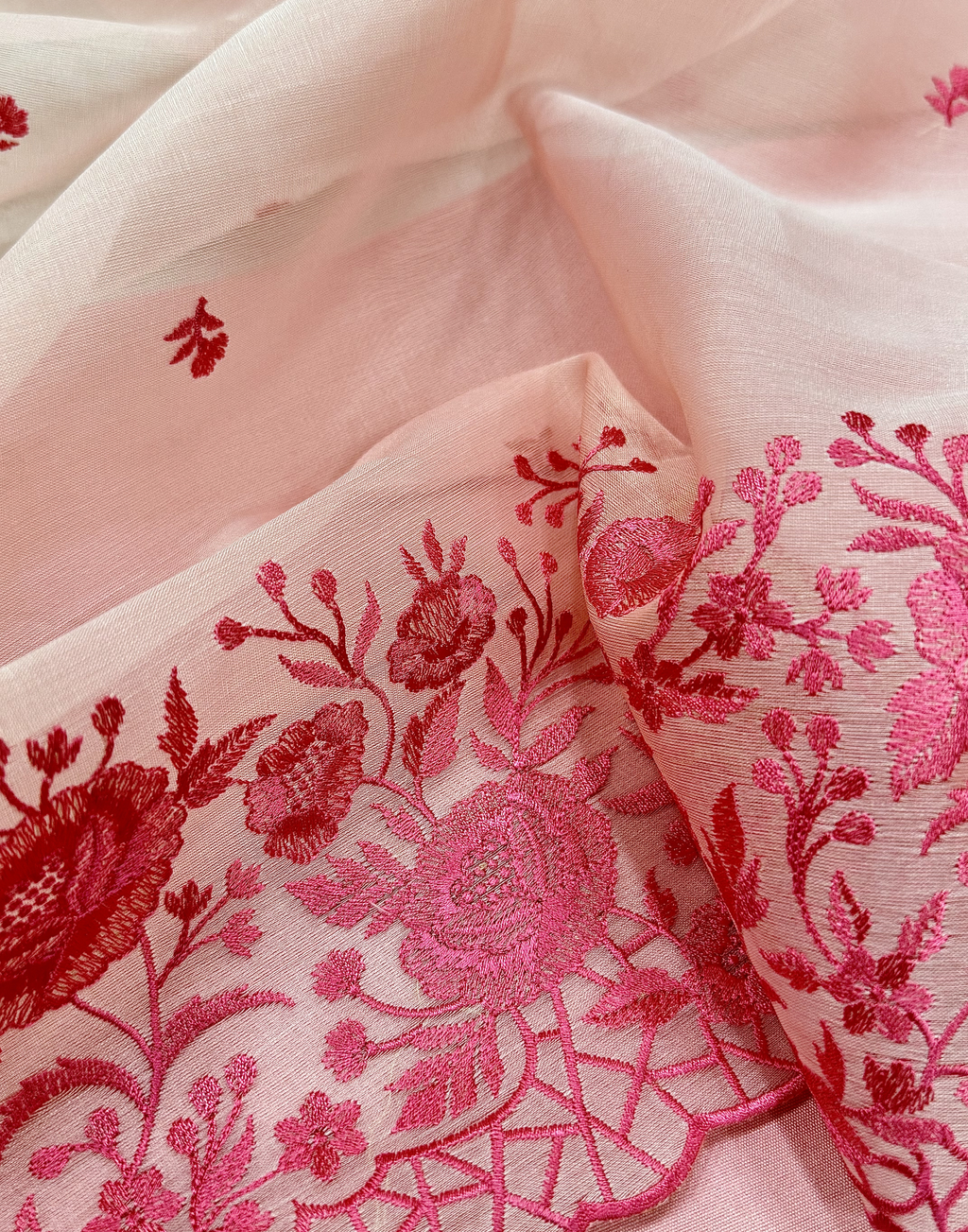 Blush Pink Organza Unstitched Suit with Dual Tone Floral Embroidery