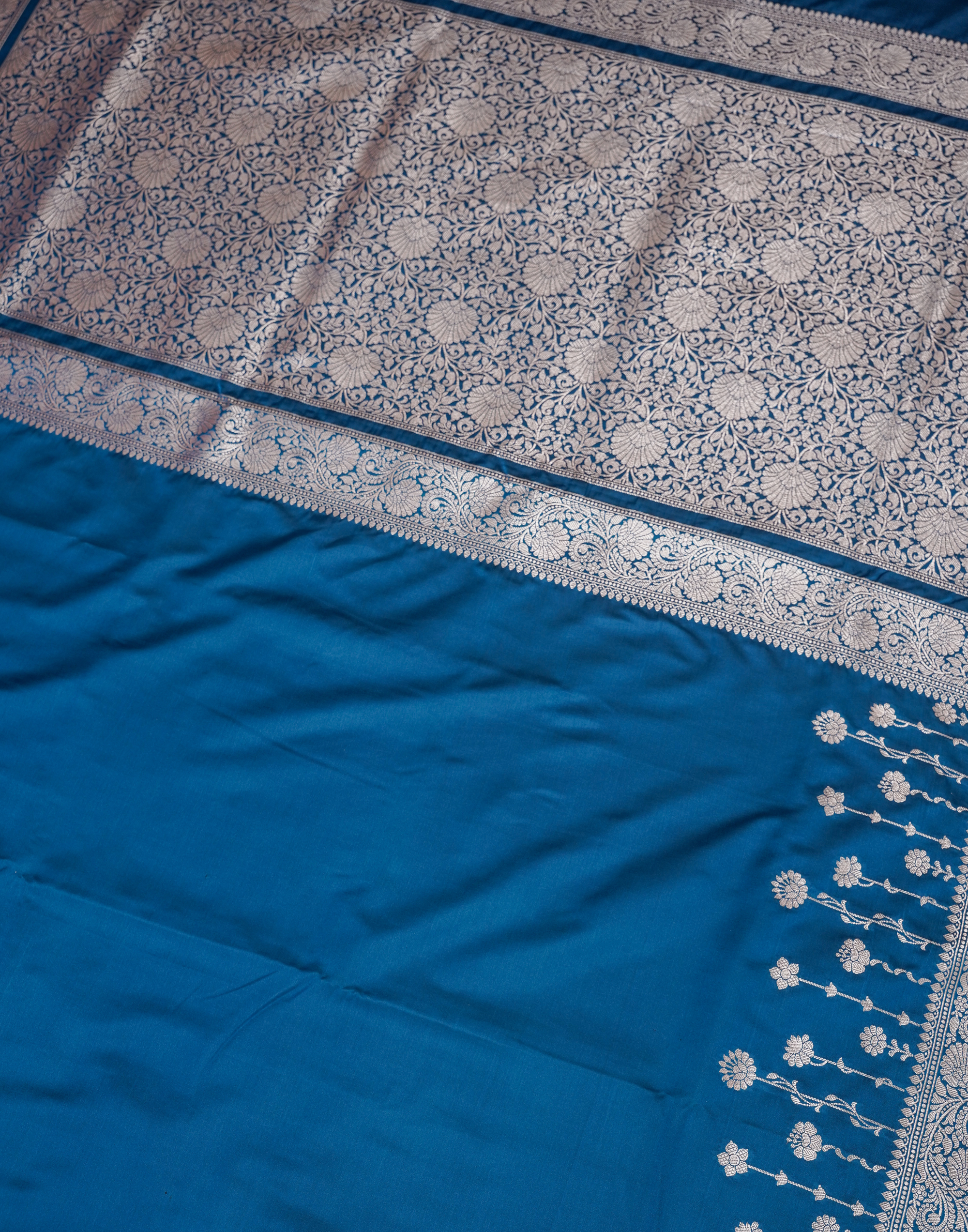 Sapphire Blue Banarasi Mushroo Silk Saree with Floral Weaving & Zari Border