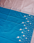 Turquoise Blue Banarasi Mushroo Silk Saree with Floral Weaving & Zari Border