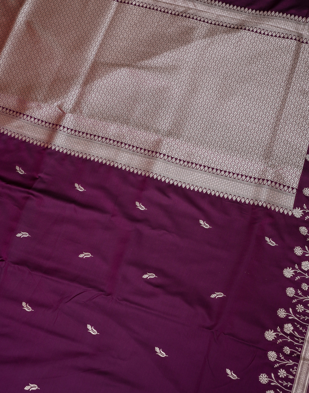 Magenta Banarasi Mushroo Silk Saree with Floral Weaving & Zari Border